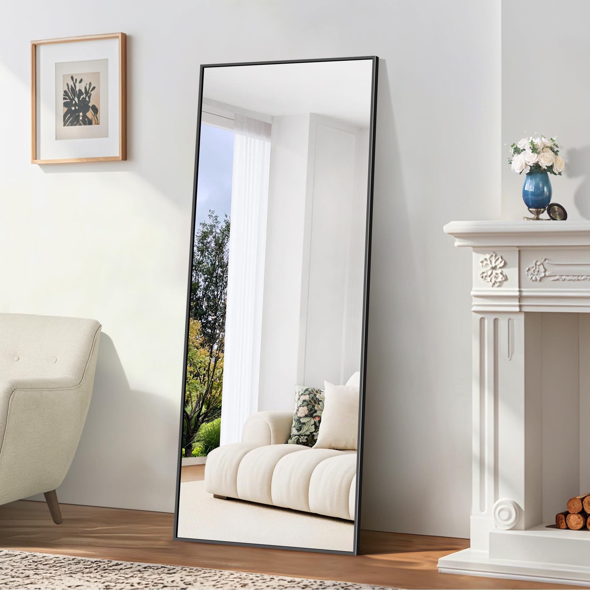 BONEWEI Full Length Mirror, 165x60cm Standing Mirrors, Rectangular Mirror Full Length Black Frame, Large Floor Mirror Standing Hanging or Leaning Against Wall for Bedroom Livingroom Dressingroom