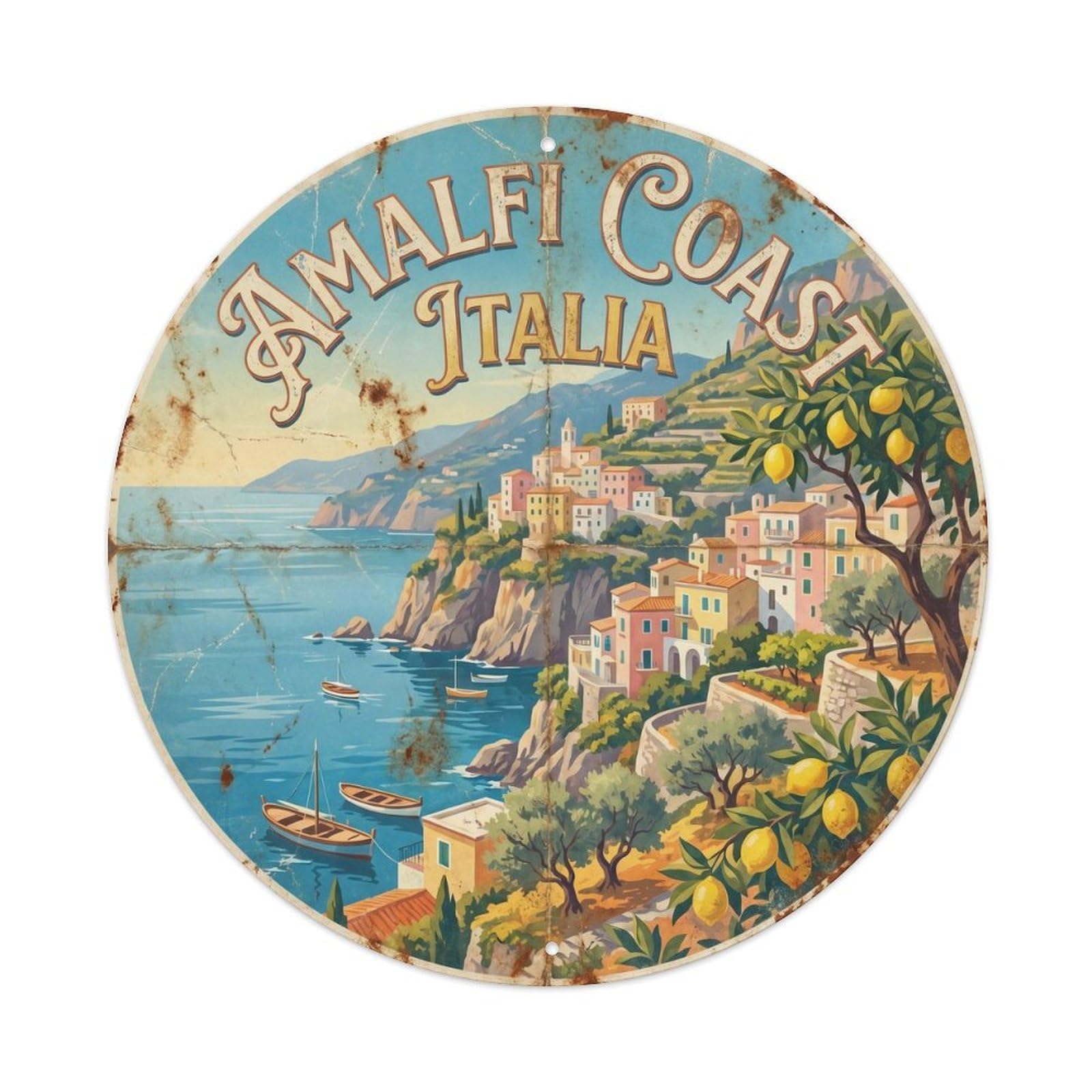 Vintage Travel Amalfi Coastal Cliffs Metal Tin Sign Plaque Wall Decor for Cafe, Club Bar, Office, Home Garden Round Metal Poster 8x8Inch