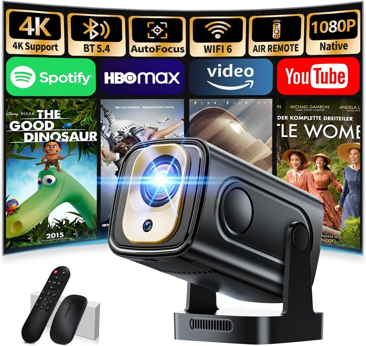 Projector [Auto Focus & Native 1080P & Built-in Apps] Mini Portable Projector 1080P, 4K Full HD with WiFi 6 & Bluetooth 5.4, Auto Focus & Keystone, 270° Rotatable, Compatible with Phone/HDMI/USB,Black