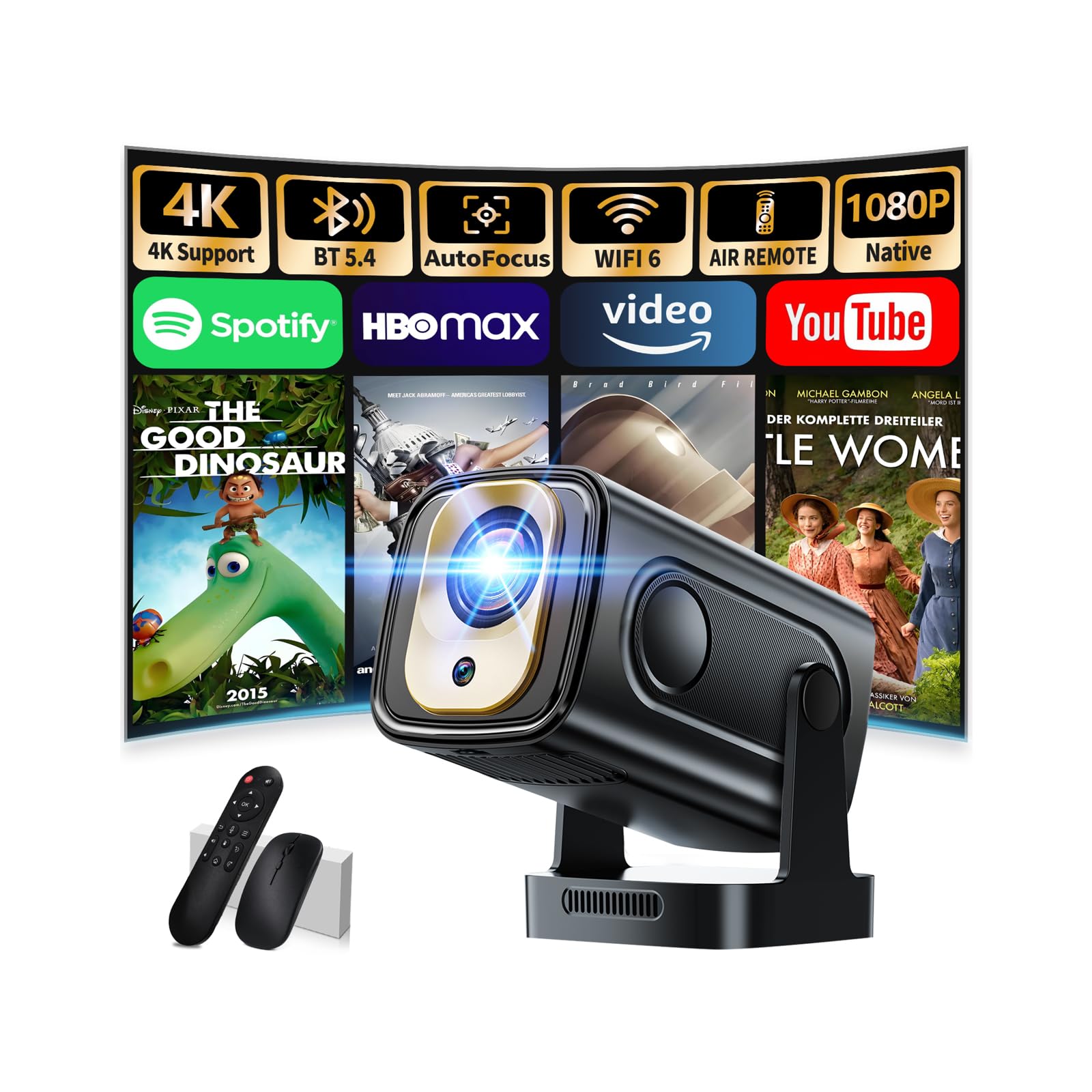 Proiettore 1080P FHD[2026 Upgraded] Mini Proiettore Portatile 4K con Bluetooth 5.4 WiFi 6 Projector TV Auto Keystone Videoproiettore con HDMI/Phone/USB/TV Stick/Laptopcon Cavo HDMI & Mouse,Nero