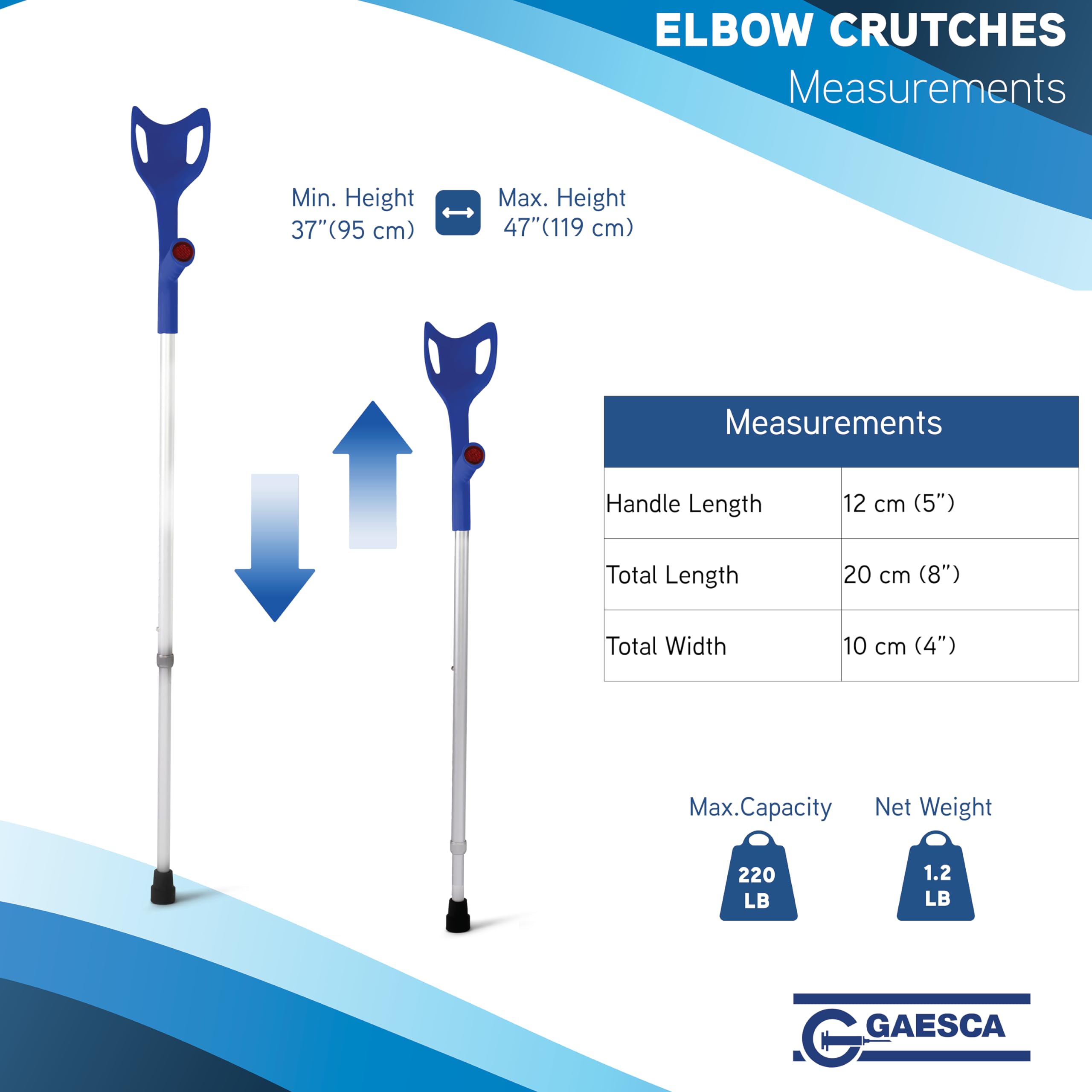 GAESCA Lightweight Adjustable Forearm Crutches Pair, Adjustable Ergonomic Crutches for Adults, Non Skid Rubber Handles, Comfortable Grip with Reflectors, Non-Slip (Blue)