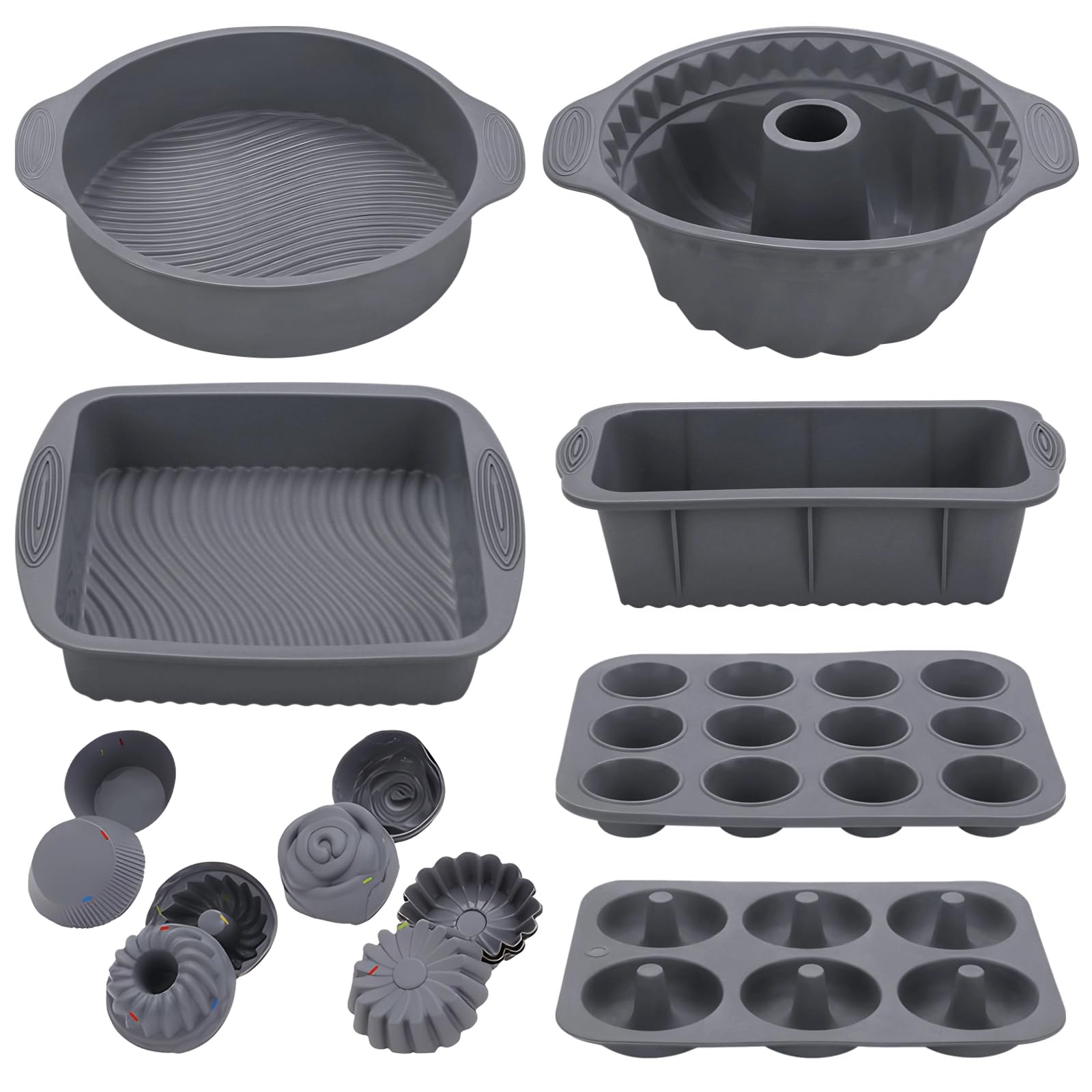 30-teiliges Silikon-Backformen-Set, leicht zu lösen, kompatibel mit Backofen, Mikrowelle, Luftfritteuse, Antihaft-Backformen mit Muffin-, Cupcake-Form, Kastenform, rundes quadratisches Tablett