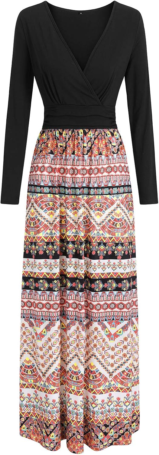 OUGES Womens Long Sleeve V-Neck Wrap Waist Maxi Dress(Floral01,S)