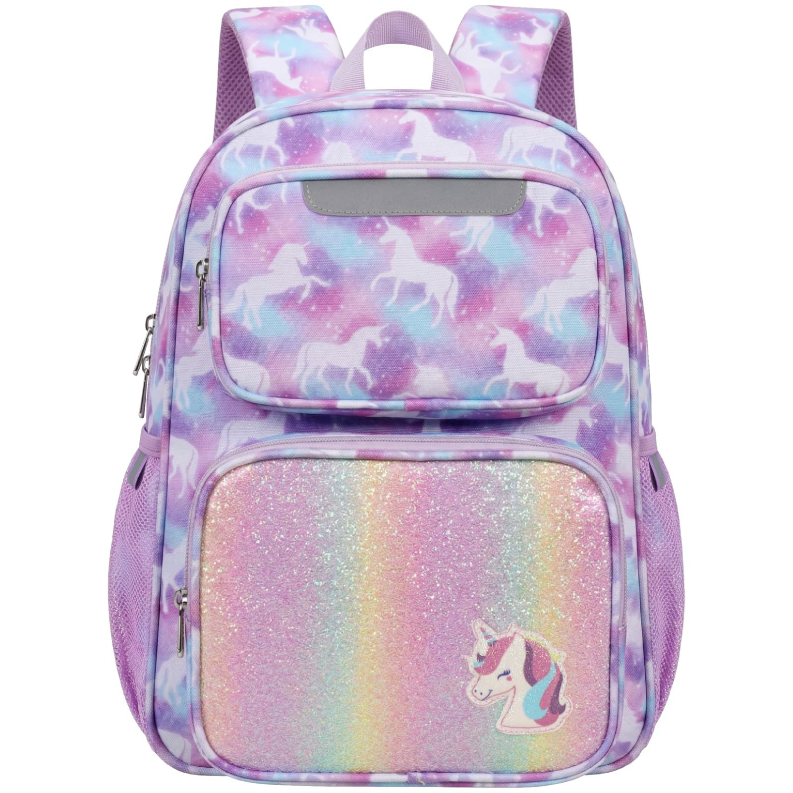 BrainyBees Kids Backpack for Girls Kindergarten - 15 Inch Lightweight School Bookbag Fits Folder, Backpack for Kids 4-7 with Leakproof Insulated Pocket for Lunch and Snacks, Purple Galaxy Unicorn