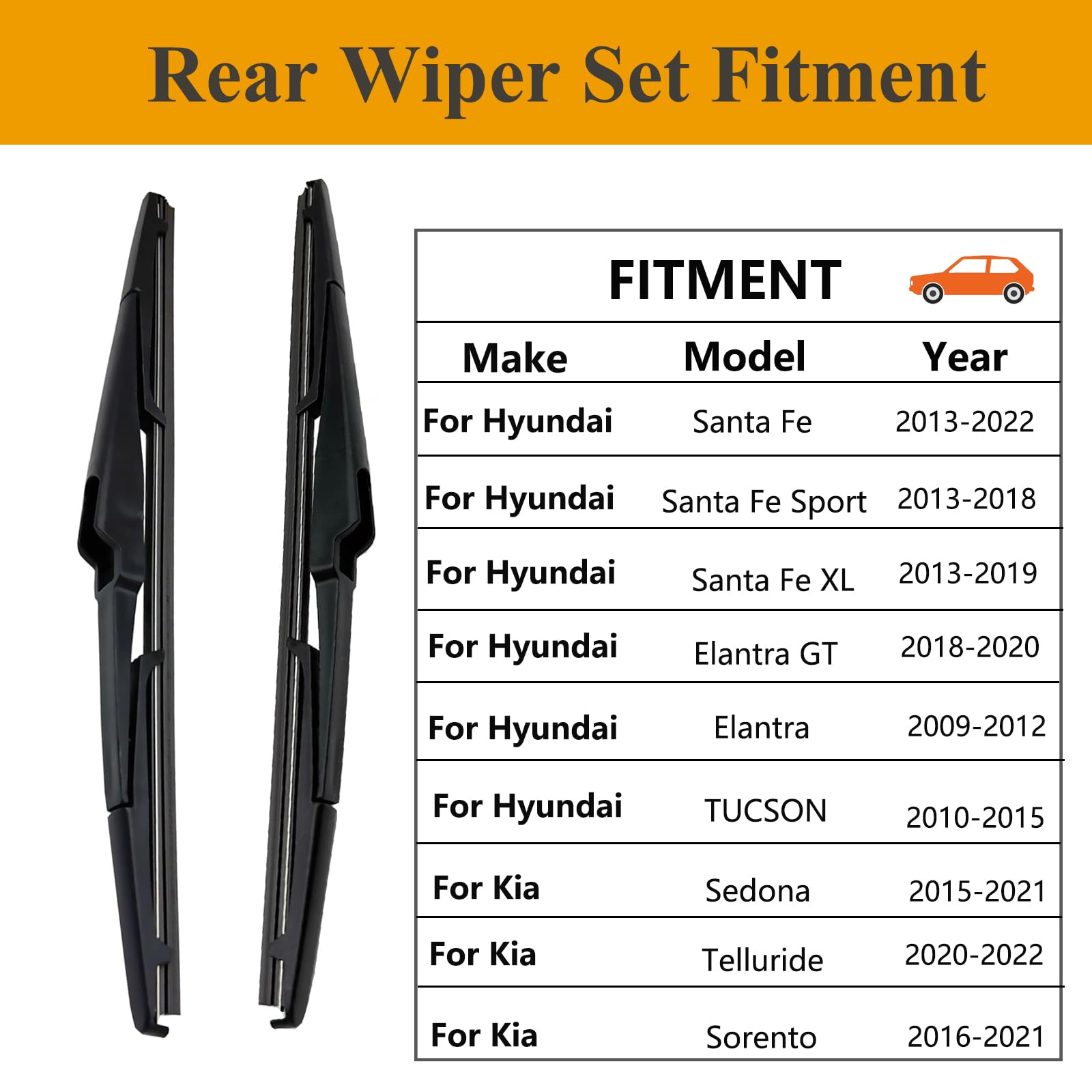 2 Pack Rear Wiper Blades for Hyundai Santa Fe 20132022 / Kia Sedona