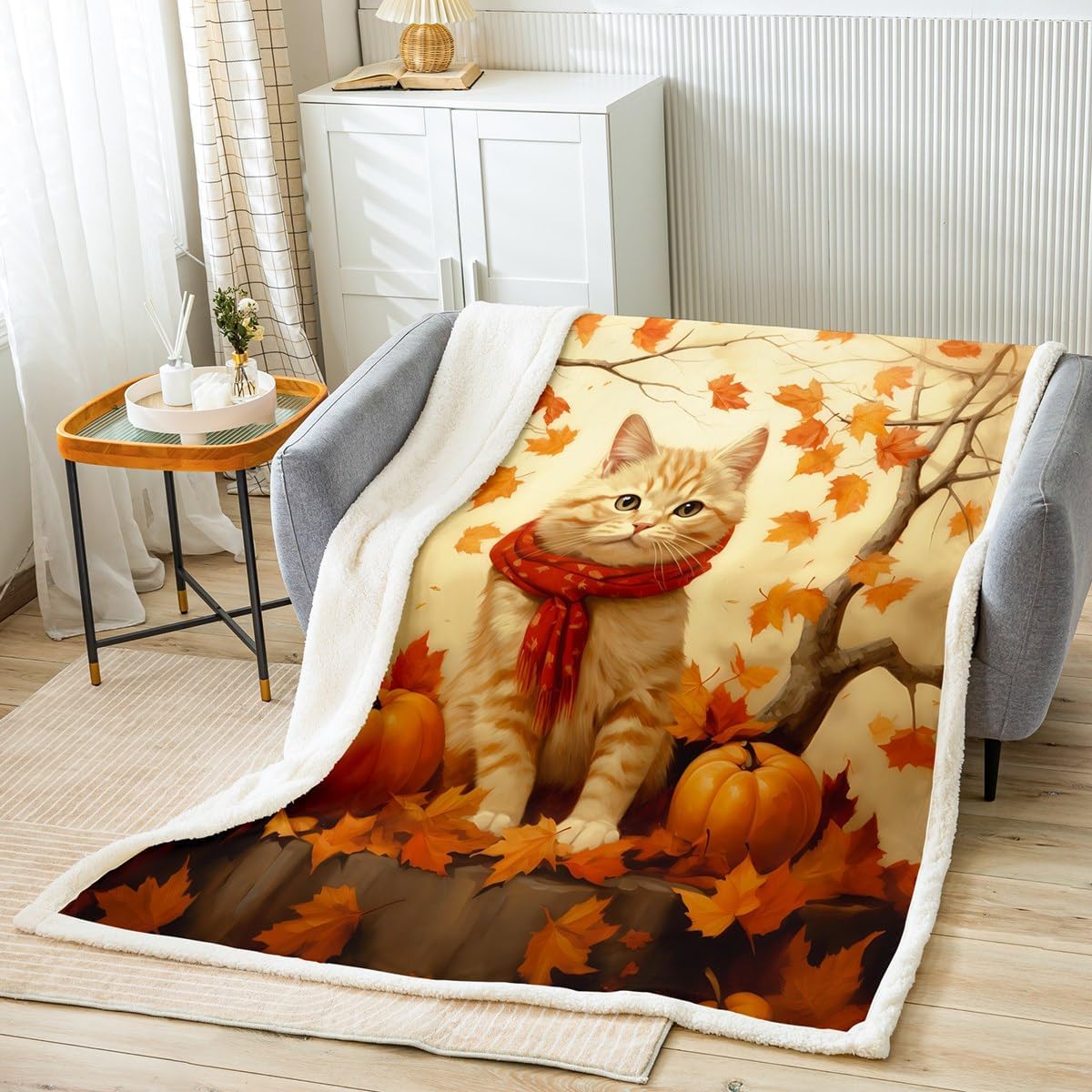 Feelyou Fall Fleece Throw Blanket Queen 90"x90" Cute Cat Sherpa Blanket for Bedroom Decor Autumn Maple Leaf Decorations Plush Blanket Happy Thanksgiving Fuzzy Blanket