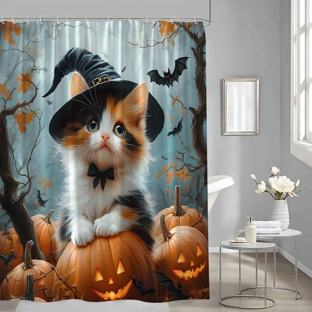 Fall Cat Shower Curtain Cute Kitten Funny Animal Bat Yellow Orange Pumpkin Rustic Farmhouse Autumn Halloween Thanksgiving Harvest Maple Leaves Falling Leaf Bathroom Decor Curtains 86x70 inch with Hook