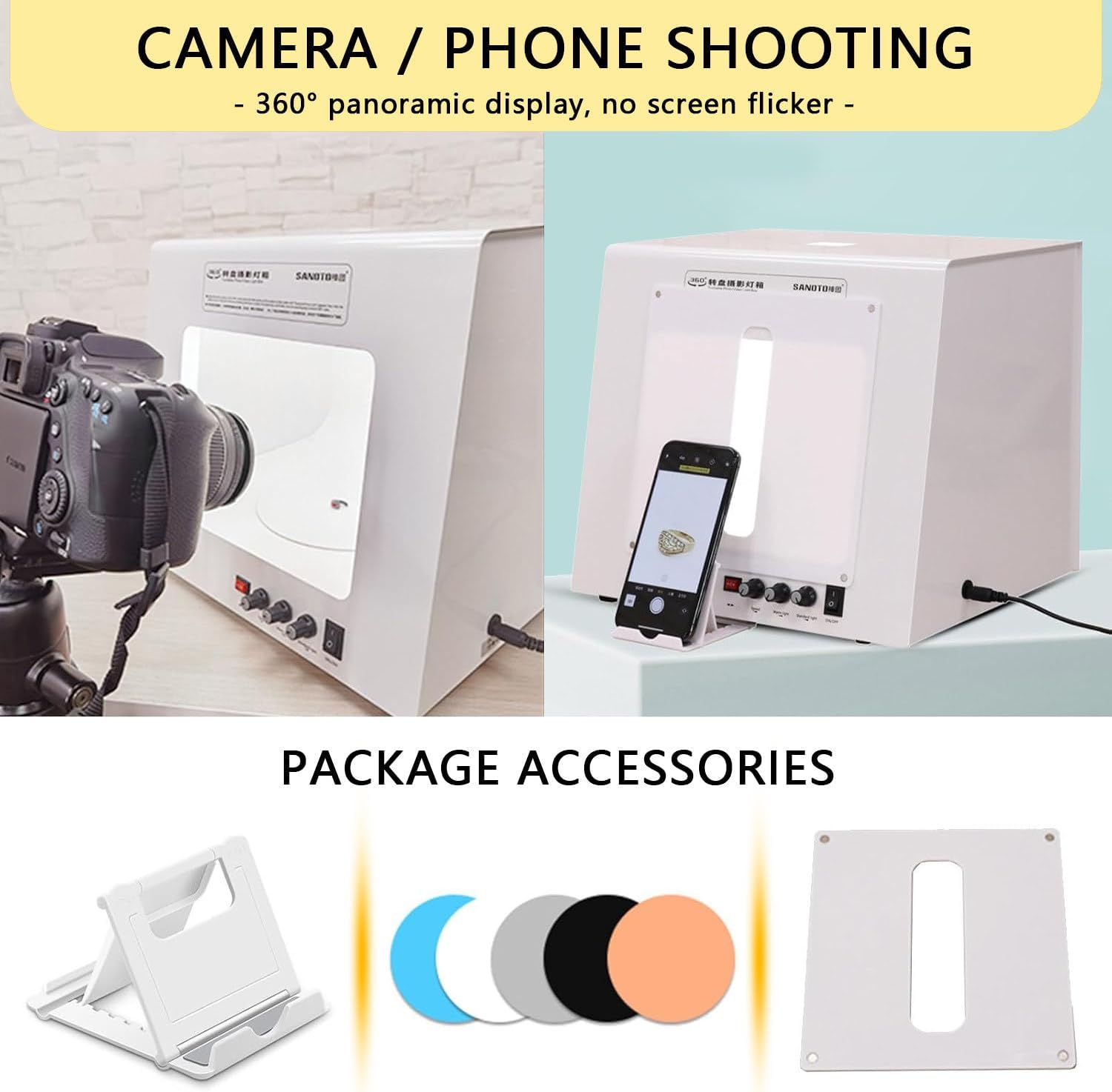 Portable LED Photo Light Box, 3000-5500k Dimmable Photography Tent, Electric 360° Photo Booth Box, Supports Placing/Hanging Jewellery, with 5 Colors Backdrops,Tb30