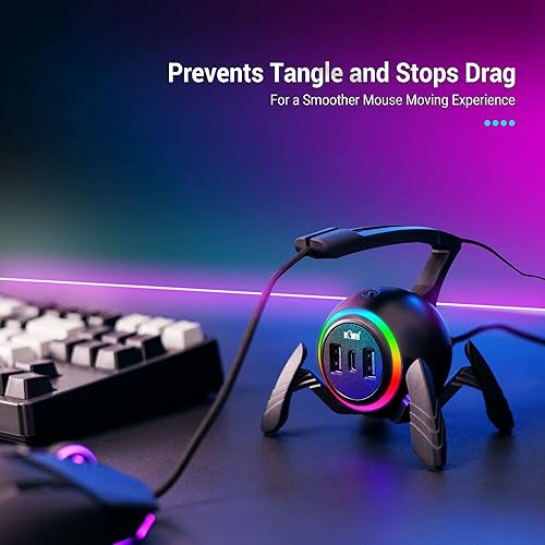 Miniatura 3 de KIWIFOTOS Mouse Bungee - Controlador de cable de mouse para juegos RGB, gestión de cables flexible mejorada, luces LED RGB inteligentes, 2 puertos