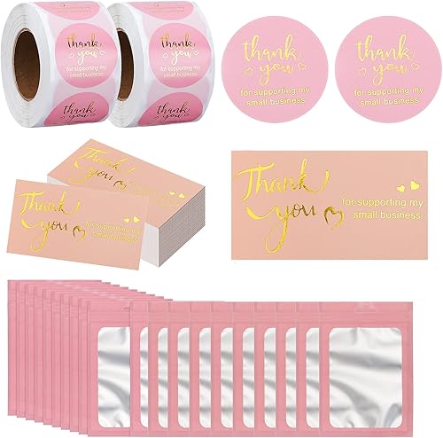 Juego de 1120 calcomanías y tarjetas de agradecimiento de 1.5 pulgadas con letras doradas, pequeñas tarjetas de agradecimiento y bolsa de embalaje