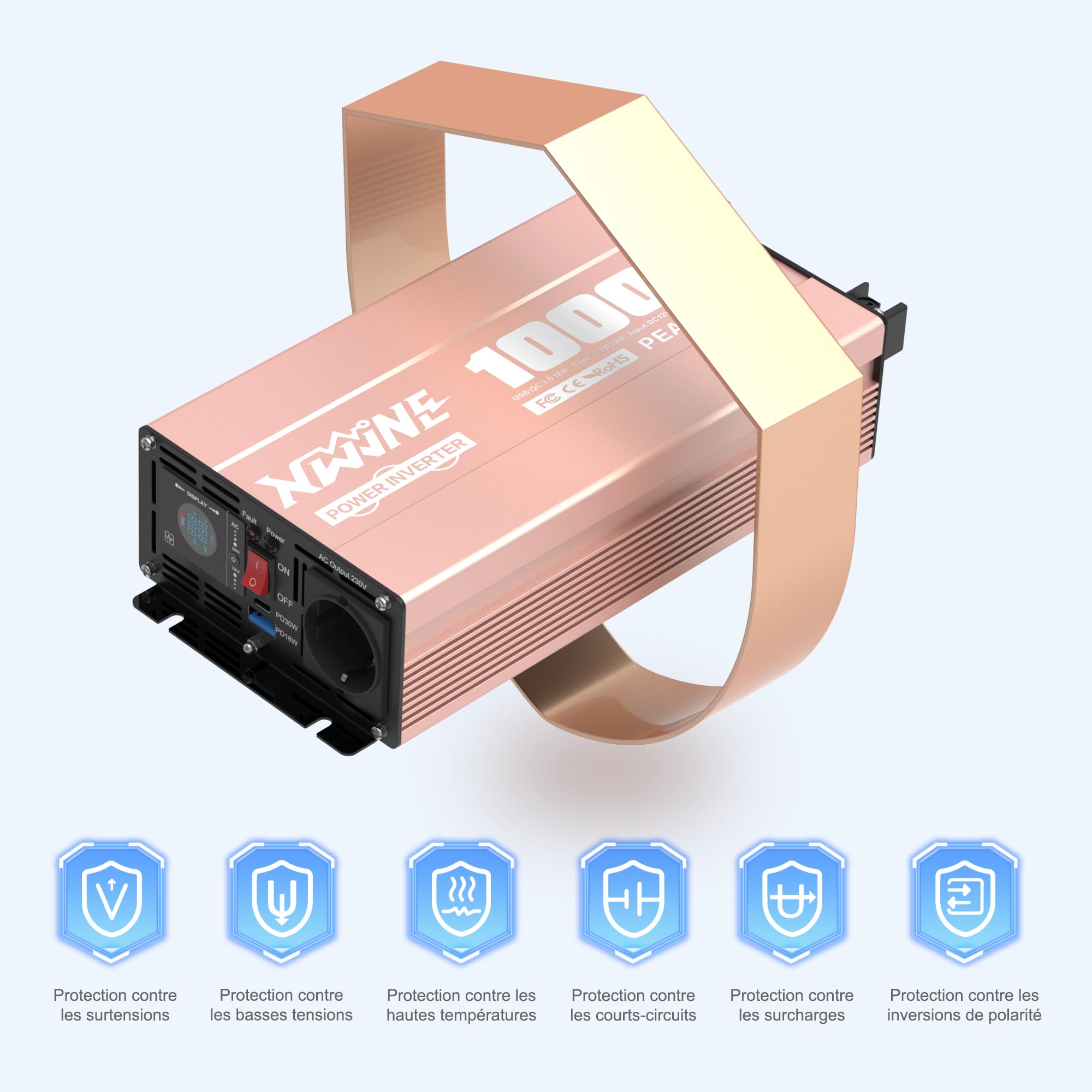 XWJNE 1000W Convertisseur Pur Sinus 12V 220V Onduleur avec Prise EU AC, Port USB-A et USB-C, Télécommande sans Fil, écran LCD, Convertisseur de Tension pour Voitures, Camping-Cars, Camions, Voyages