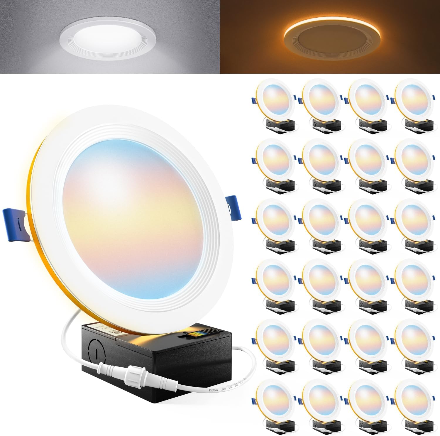 Sunco 24 Pack 6 Inch LED Recessed Light with Night Light, Flush Mount Ceiling Light, Baffle Trim Slim Can Lights, 1500 LM, Selectable CCT 2700K/3000K/4000K/5000K/6000K, Dimmable, 14W=100W ETL.