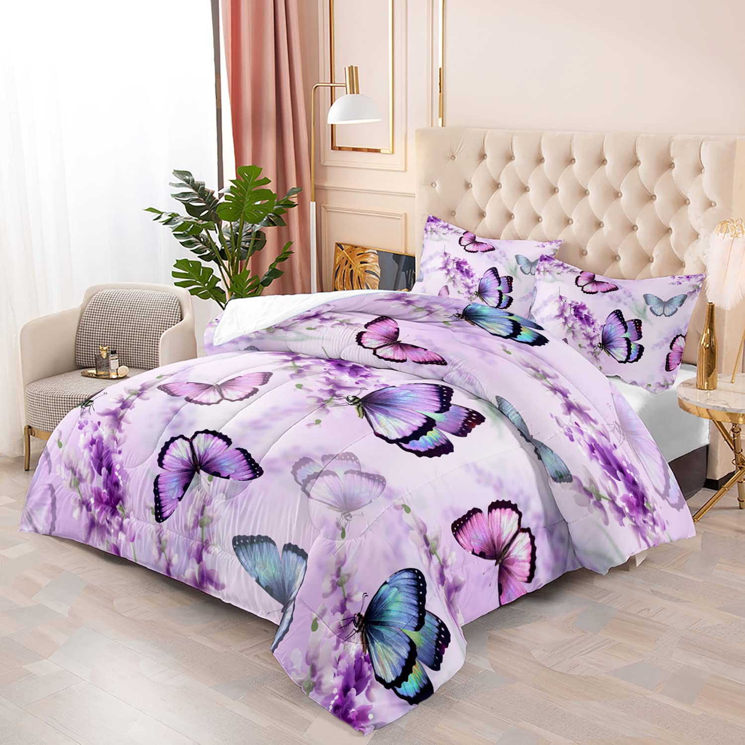 XYNHML Lavender Butterfly Comforter Set for Girl Kid Adult Colorful Butterfly Pattern Bedding Set Aesthetics Butterflies Quilt Bed Set Twin Size with 1 Comforter and 2 Pillowcases