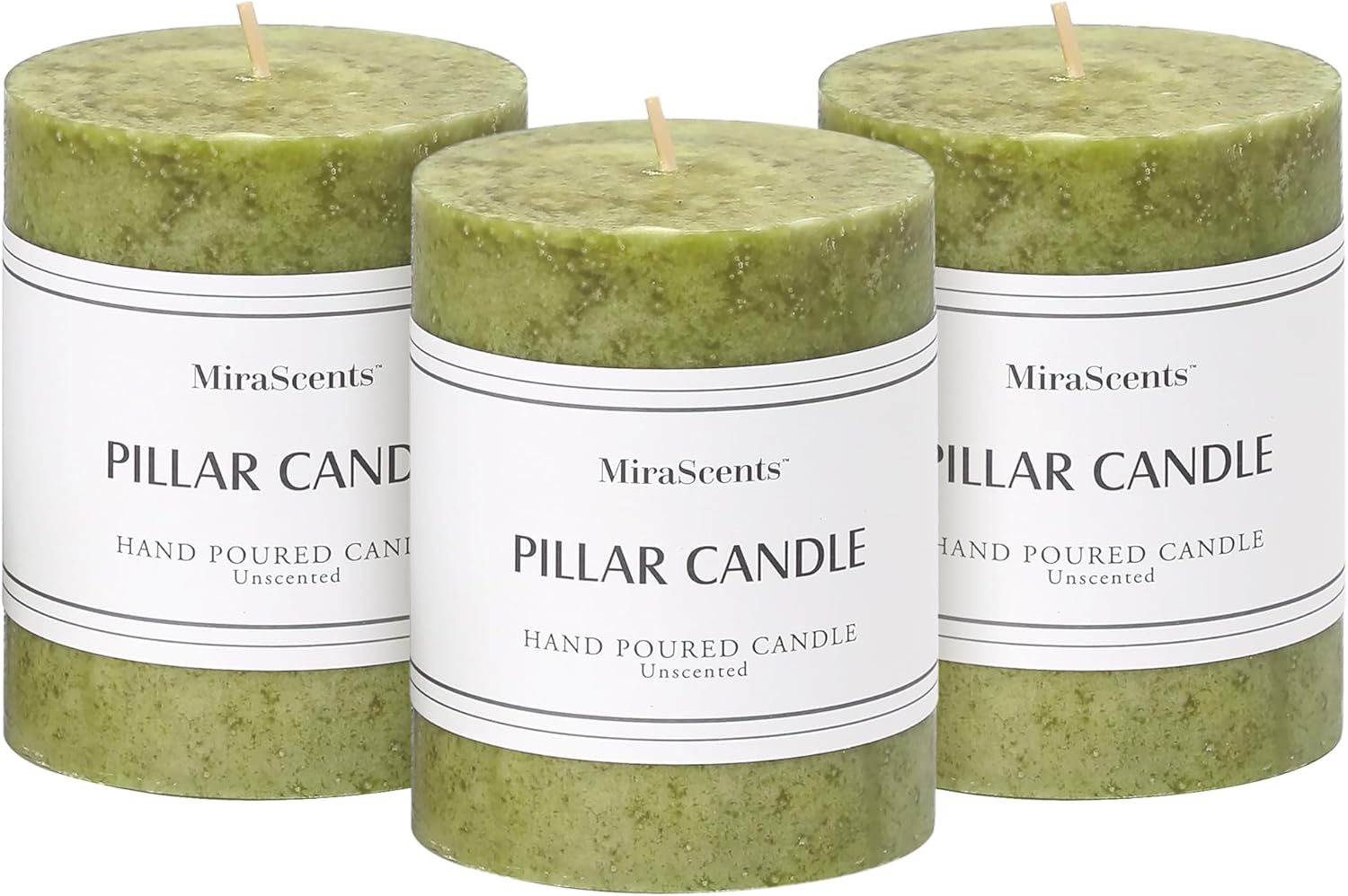 3x4 inch Green Pillar Candles Set of 3, Unscented Pillar Candle, Dripless and Smokeless Large Candles, Candle for Home Decor, Dinner Table,Weddings, Holidays