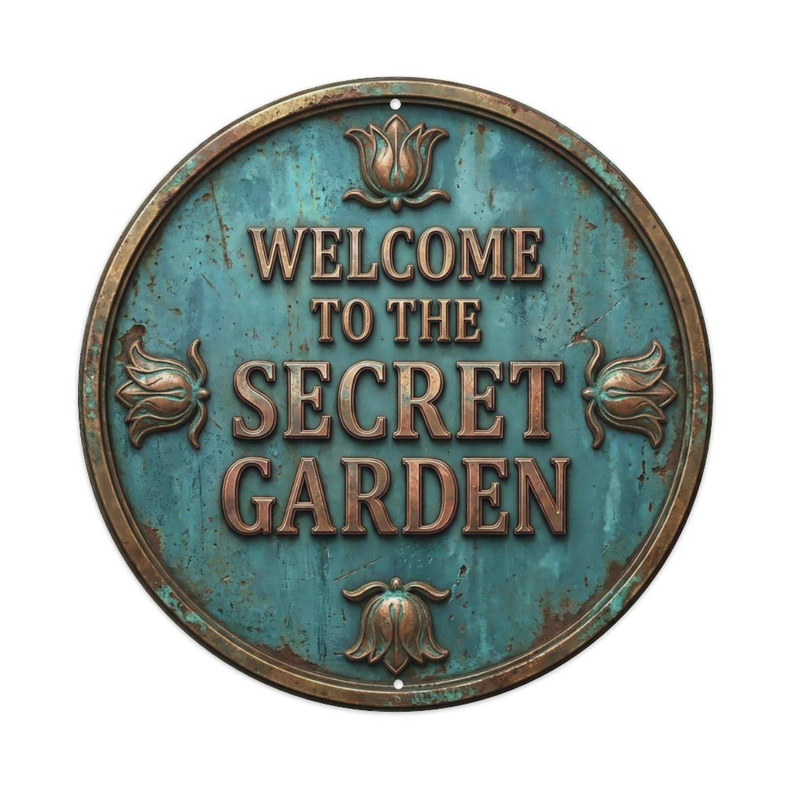 Vintage Welcome Secret Garden Copper Teal Tulip Metal Tin Sign