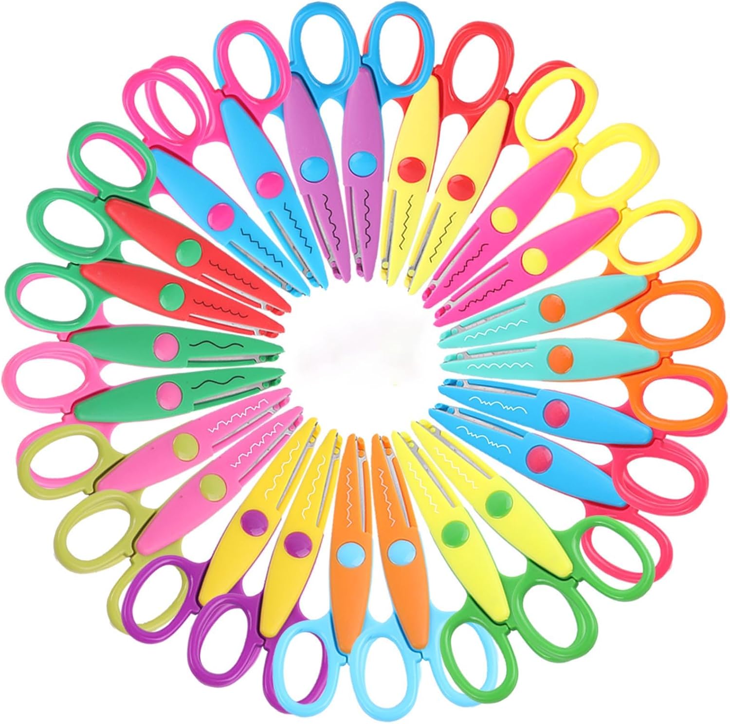 24 Pack Kids Safety Scissors | Blunt Tip with Decorative Edges | 5 Inch Colorful Zig Zag Assorted Patterns for School, Classroom Supplies, Teachers, Art Crafts, Scrapbook, DIY Projects