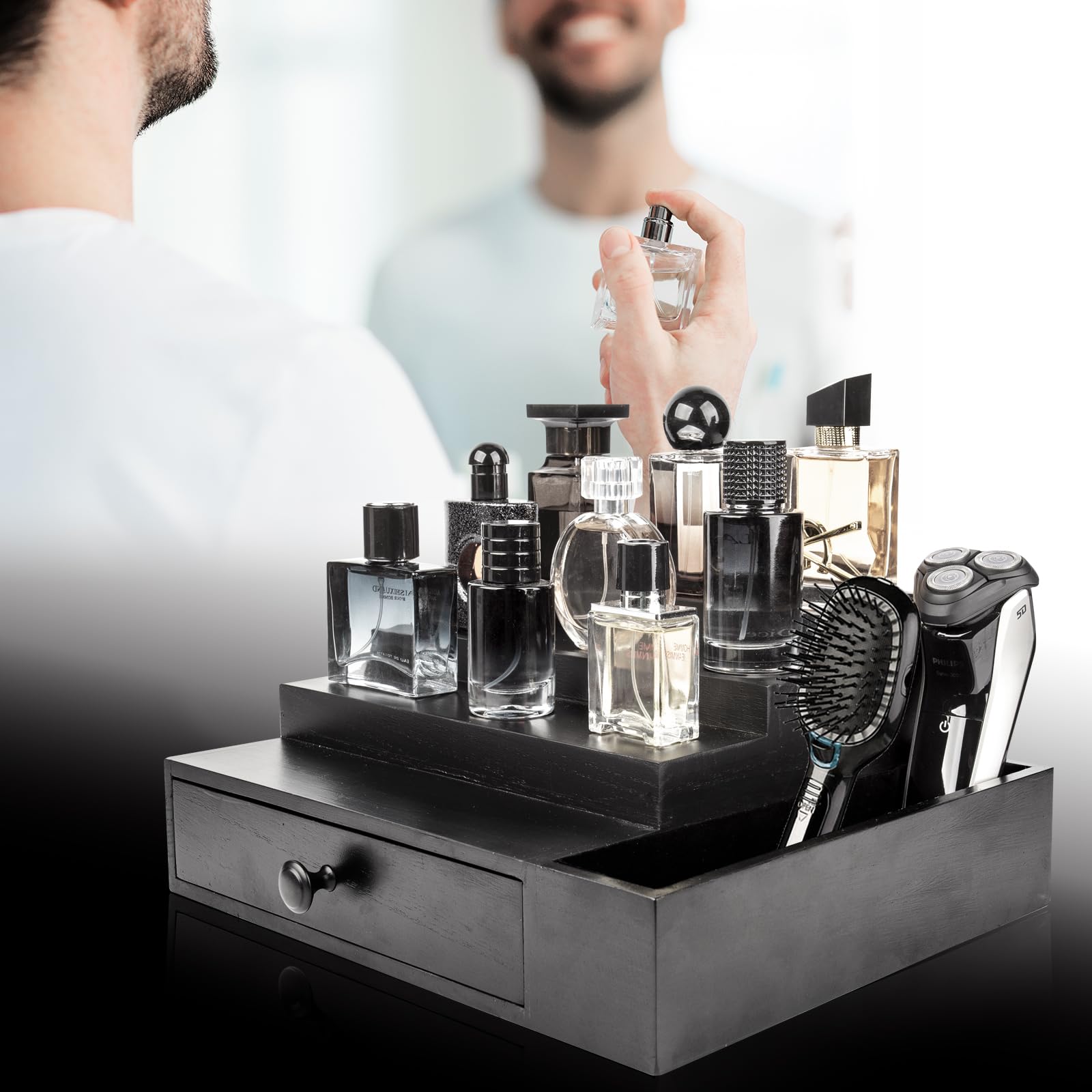Organizador de Colonia Moderno 4 Niveles con Cajón & Almacenamiento Lateral - Estante Exhibidor de Madera con Forro de Franela Suave, para Hombre y Mujer, Organizador de Baño y Dormitorio