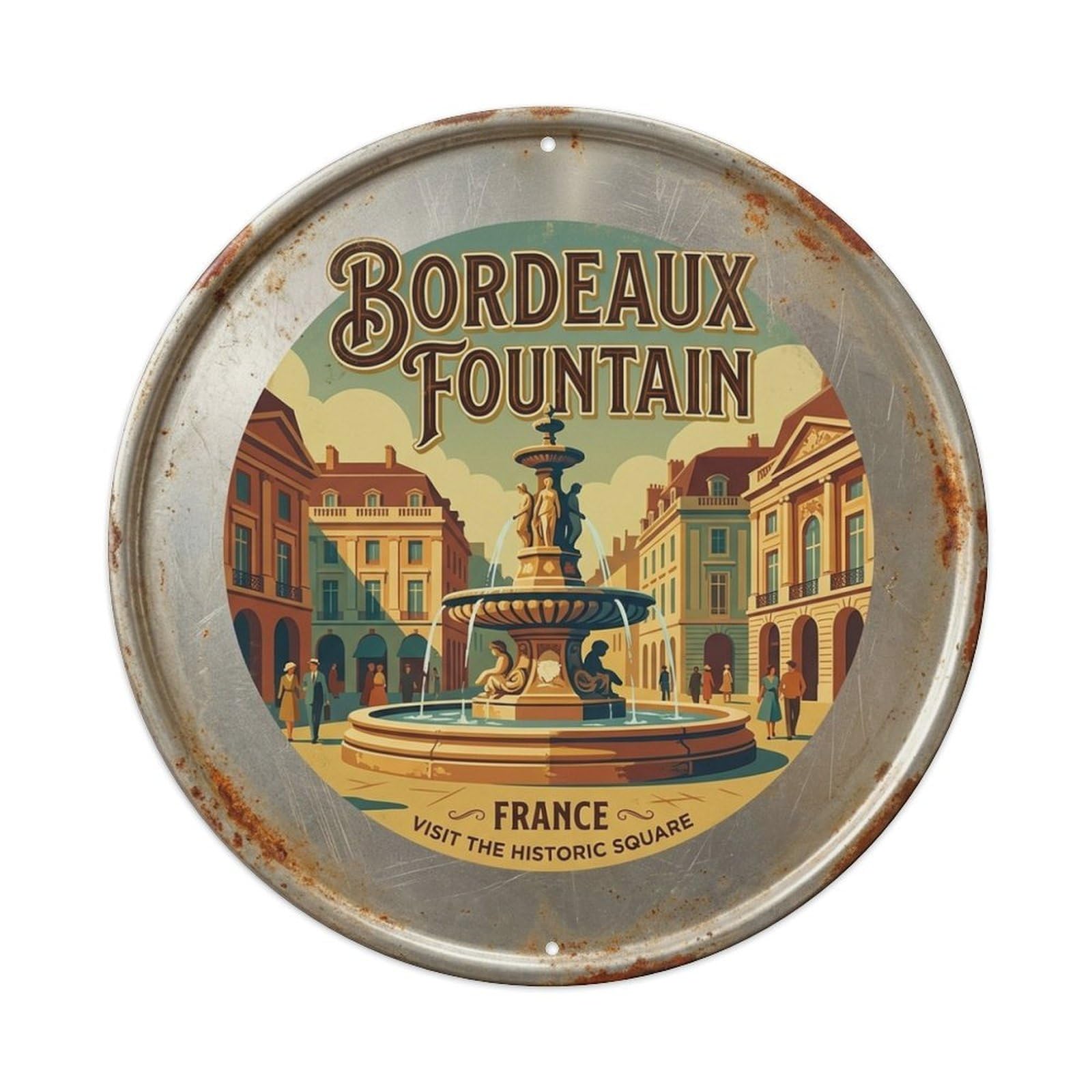 Retro Culture Travel Fountain France Bordeaux Metal Tin Sign