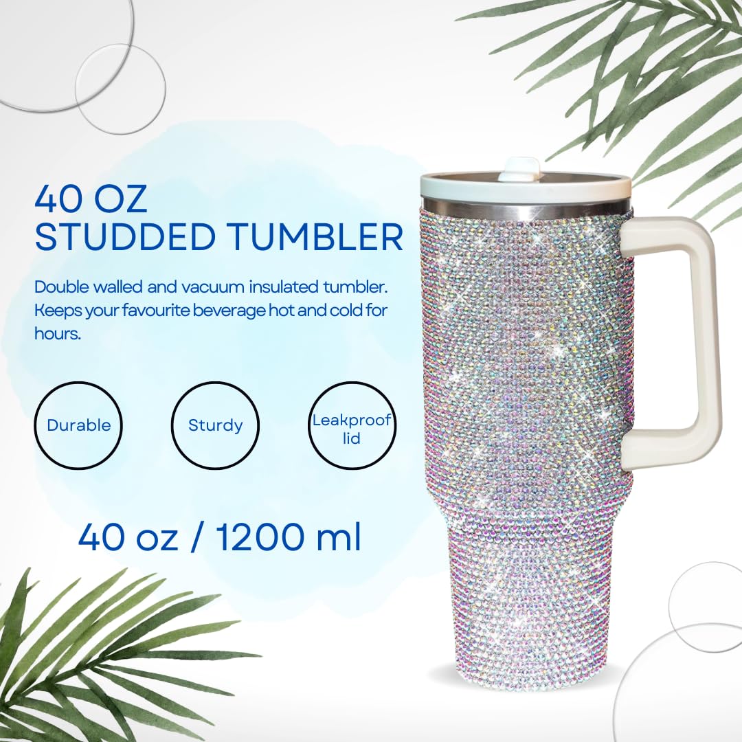 Trinkbecher mit Strassbesatz, Trinkhalm und Deckel, isoliert, Edelstahl, doppellagig, für Damen, wiederverwendbar, Reise-Kaffeetasse (1200 ml), Weiß AB