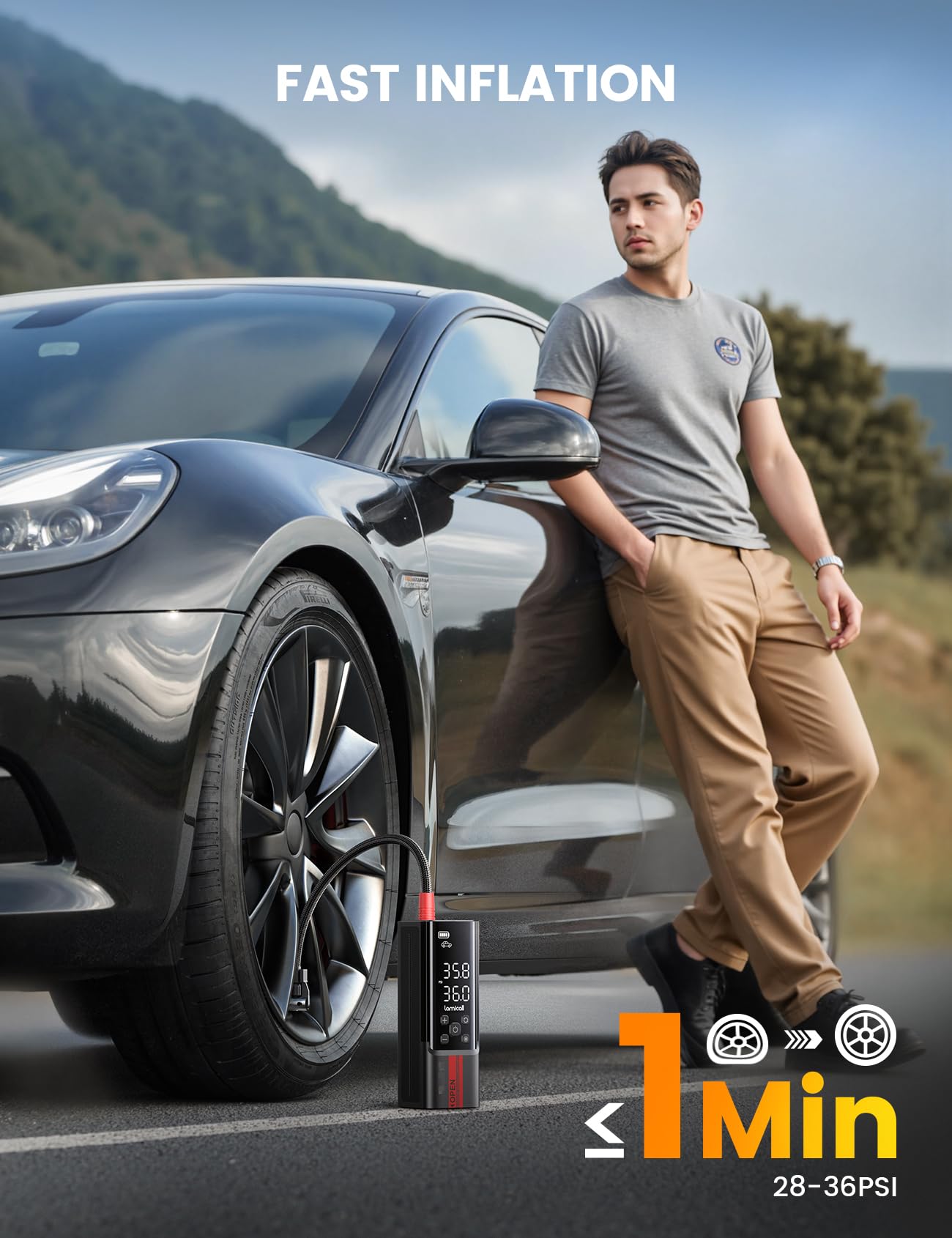 Lamicall Gonfleur Pneu Voiture, Compresseur à Air Portatif – [150 PSI Inflation Rapide] avec Écran LCD & Lumière LED, Bloc d'Alimentation, Gonfleur avec 3 Buses pour Voiture/Vélo/Moto/Ballon