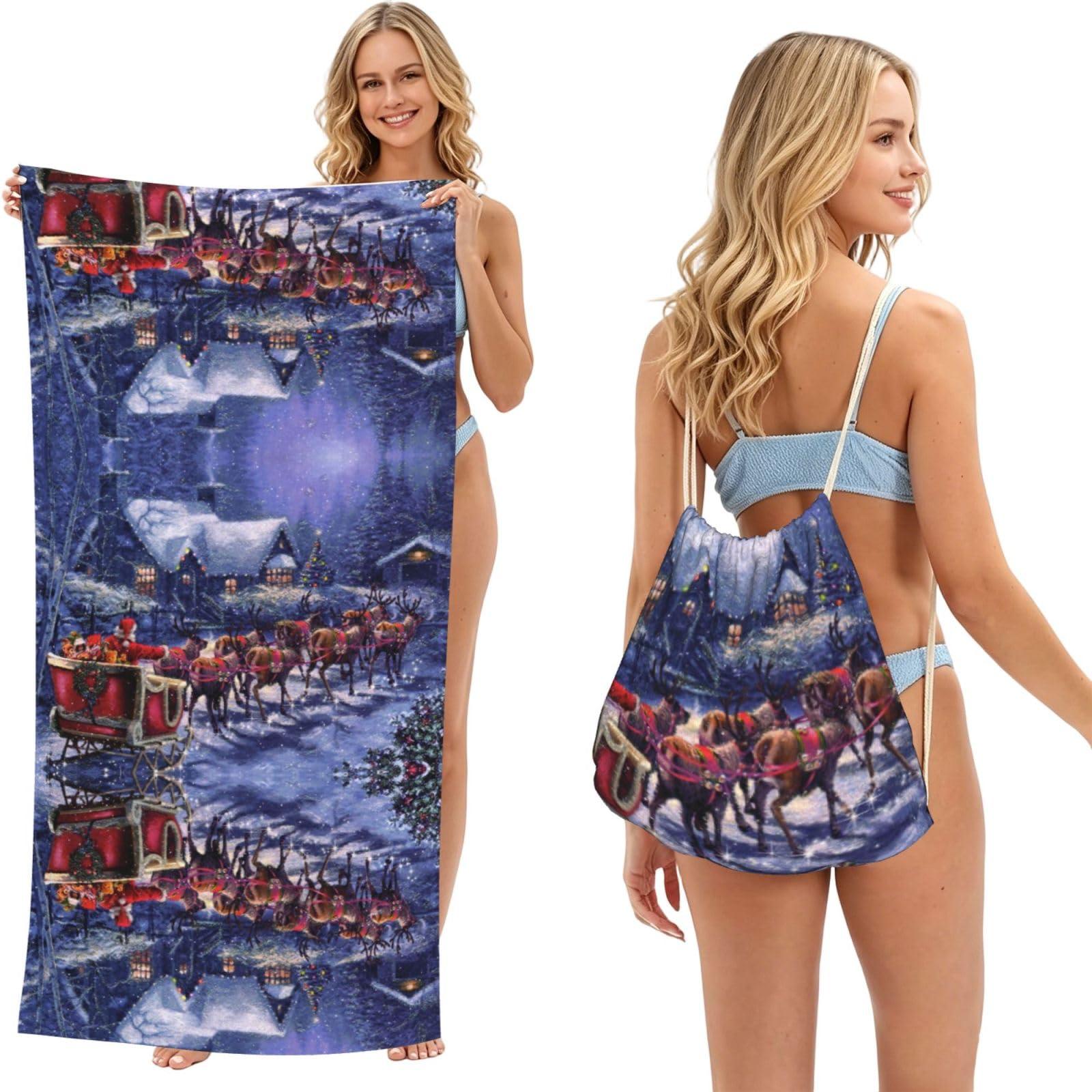 SATUSA Snow Night Santa And Deer Print 2-In-1 Foldable Beach Towel Backpack â€“ Camping, Yoga And Travel,Bath Towel With Built-In Storage, Convertible Beach Mat & Carry Bag