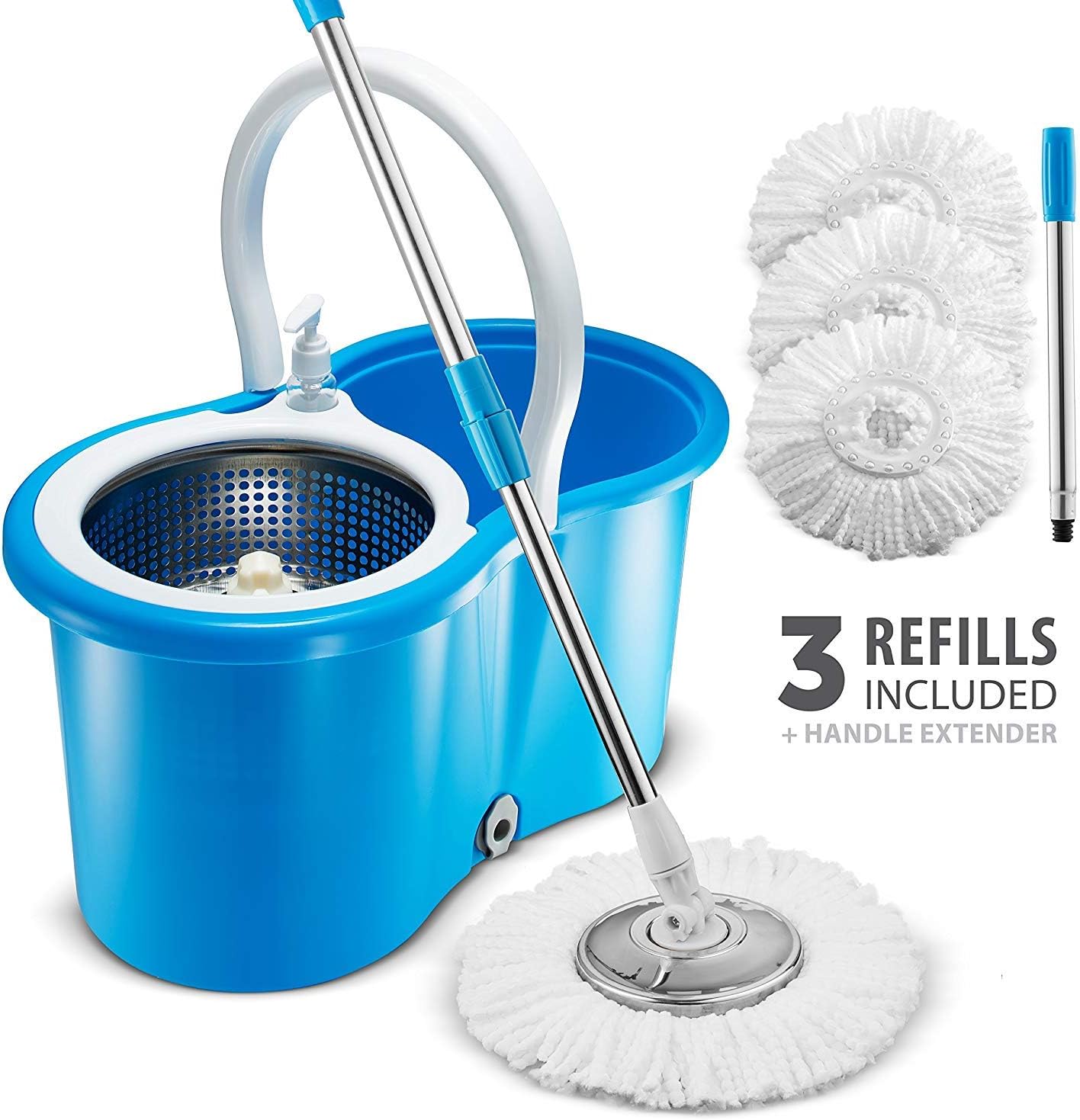 Premium All In One Stainless Steel 360 Spin Mop & Bucket System ~ Self-Wringing Mop With 3 Microfiber Mop Heads ~ Extended Length Adjustable Mop Pole with Stainless Steel Mop Plate