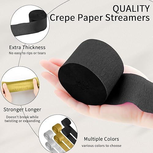 Miniatura 3 de Serpentinas de papel crepé, 6 rollos de serpentinas de fiesta de 492 pies, paquete de 6 papel crepé negro, plateado y dorado para fiesta de