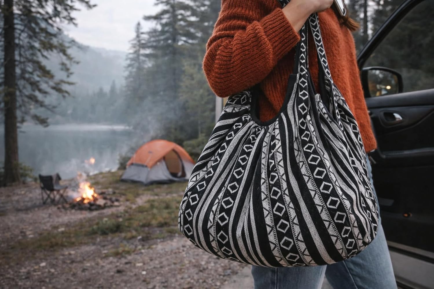 Tribe Azure Jacquard Cotton Shoulder Banana Style Fashion Travel Canvas Tote Bag Hobo Style Casual Market Purse Handbag (Black White) - Image 3