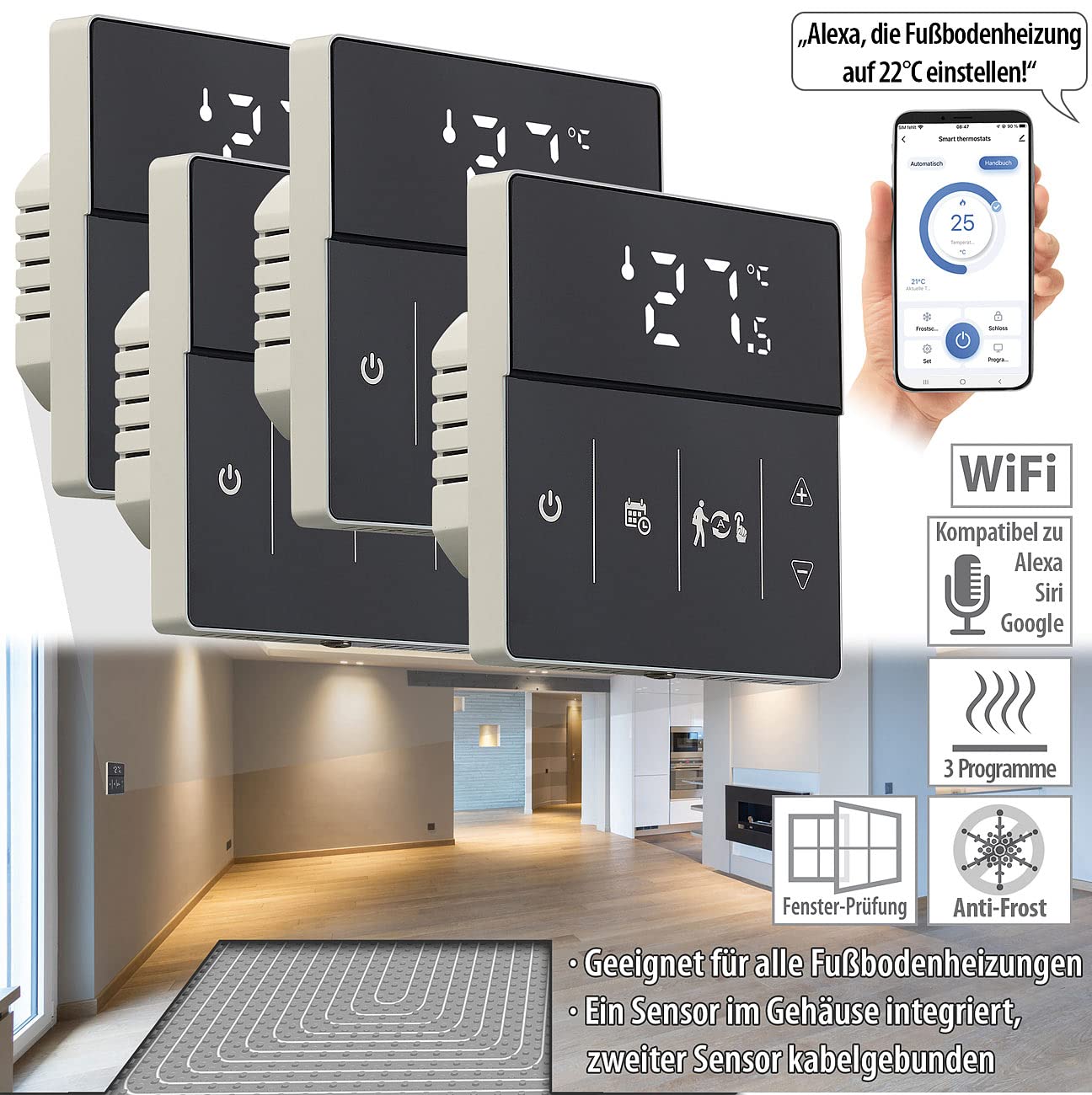 revolt Fußbodenthermostat: 4er-Set WLAN-Fußbodenheizung-Thermostate mit App, schwarz (Fußbodenheizung-Thermostat Aufputz, WLAN-Raumthermostat Elektroheizung, Mobiltelefon)