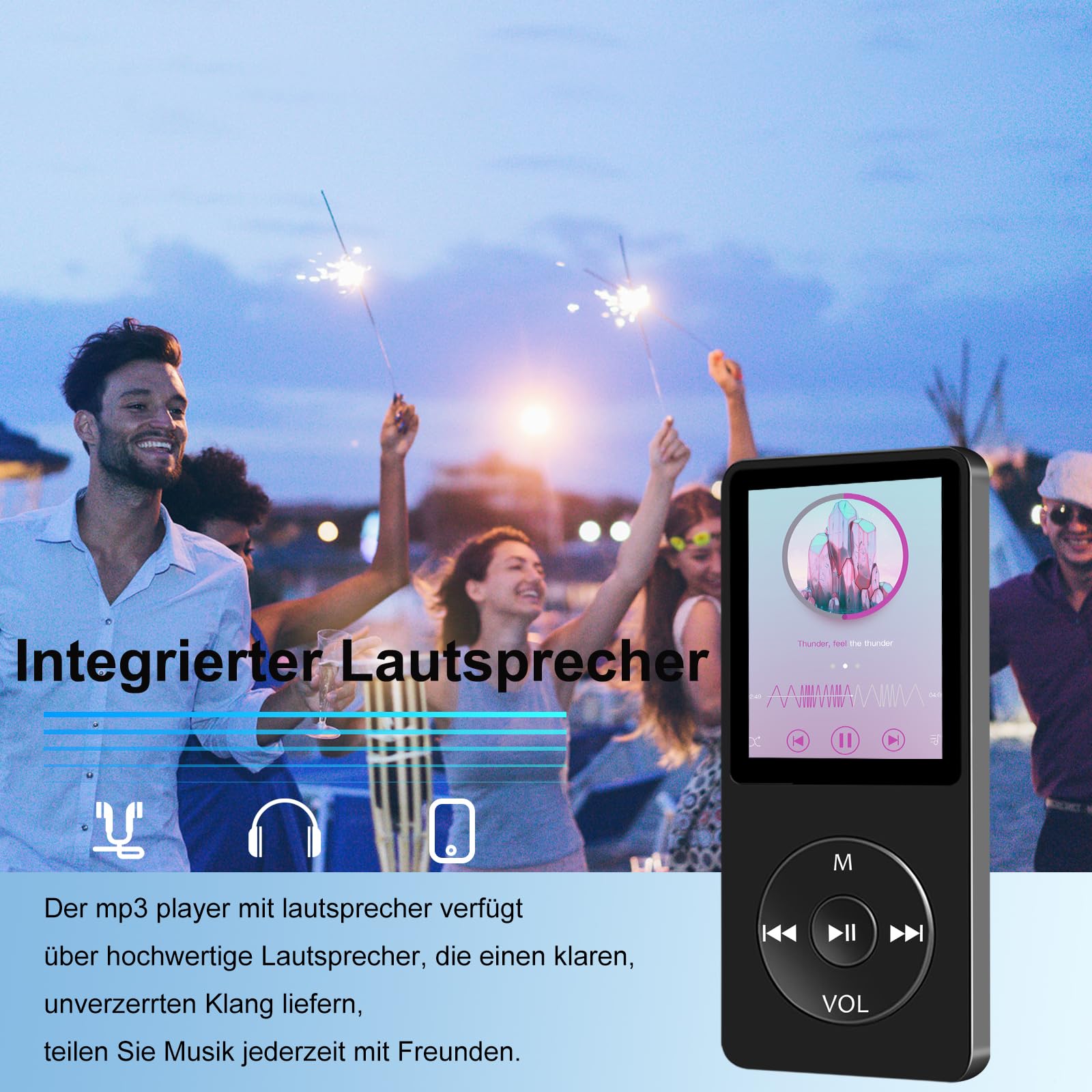 MP3 Player mit Bluetooth 5.0, 64 GB Speicher, FM-Radio, Sprachaufnahme, HiFi-Sound, E-Book, inkl. Kopfhörer, Mini-Größe, Gewicht 27g, erweiterbar auf bis zu 128 GB SD-Karte