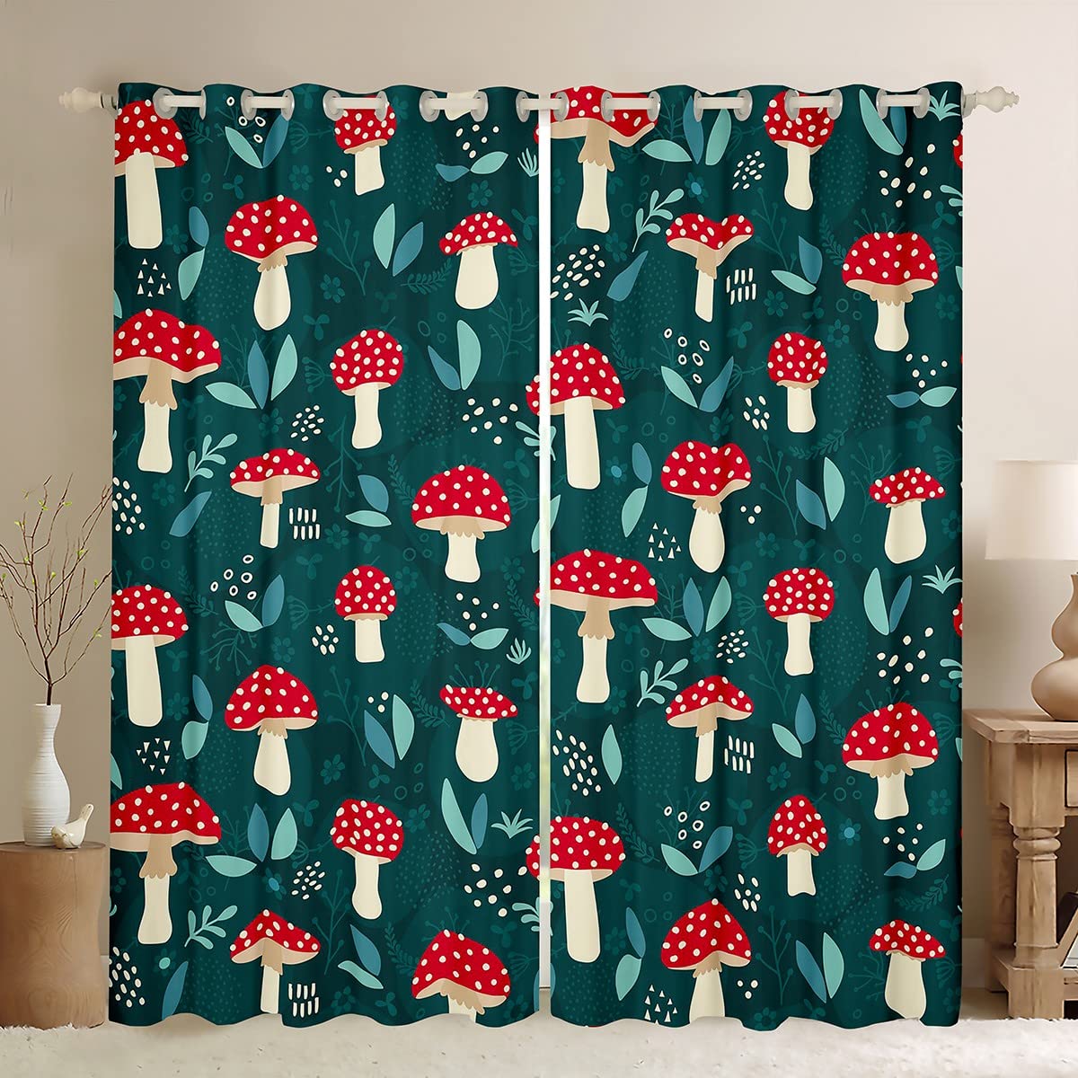 Red Mushroom Curtains Blue Leaves Curtains & Drapes for Kids Boys Teens,Jungle Weed Botanical Blackout Curtains Tropical Plant Leaf Window Treatments Rural Pastoral Style Bedroom Decor 84