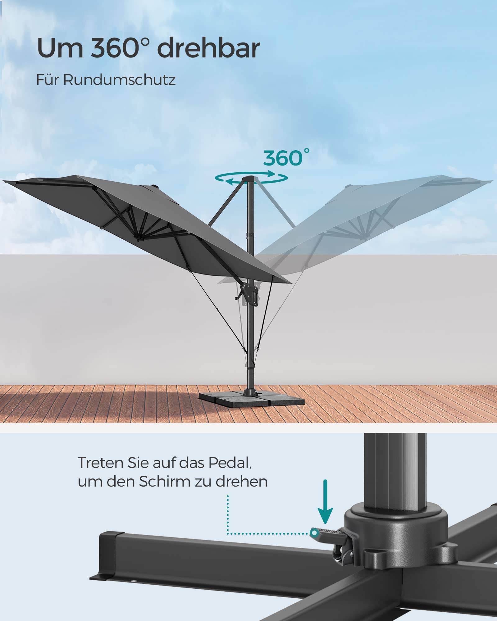 SONGMICS Sonnenschirm 290 x 290 cm, Ampelschirm, Gartenschirm, UV-Schutz UPF 50+, um 360° drehbar, Neigungswinkel verstellbar, mit Ständer, Befestigungsgurten und Abdeckung, rauchgrau GPU039G01