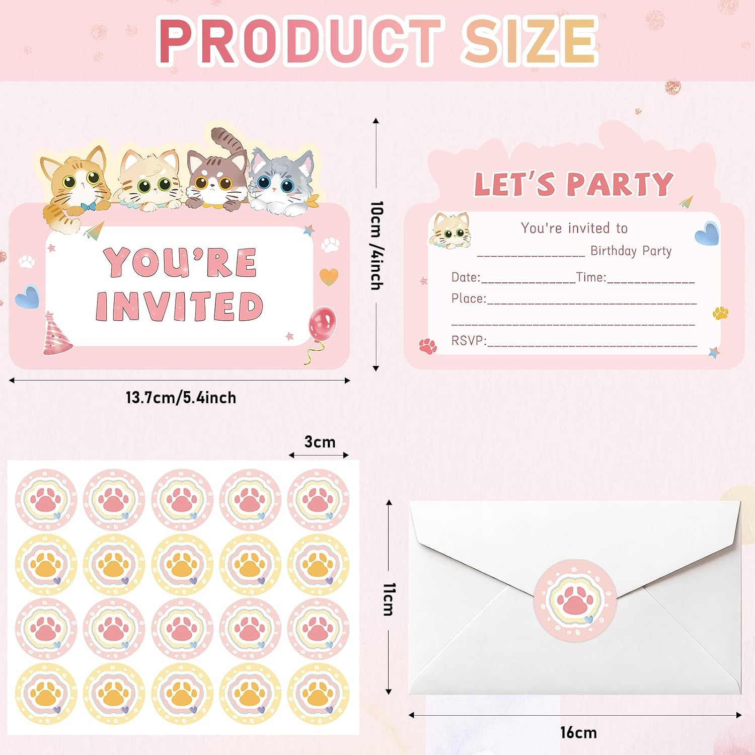20Pcs Cat Birthday Party Invitations with Envelopes and Stickers for Girls
