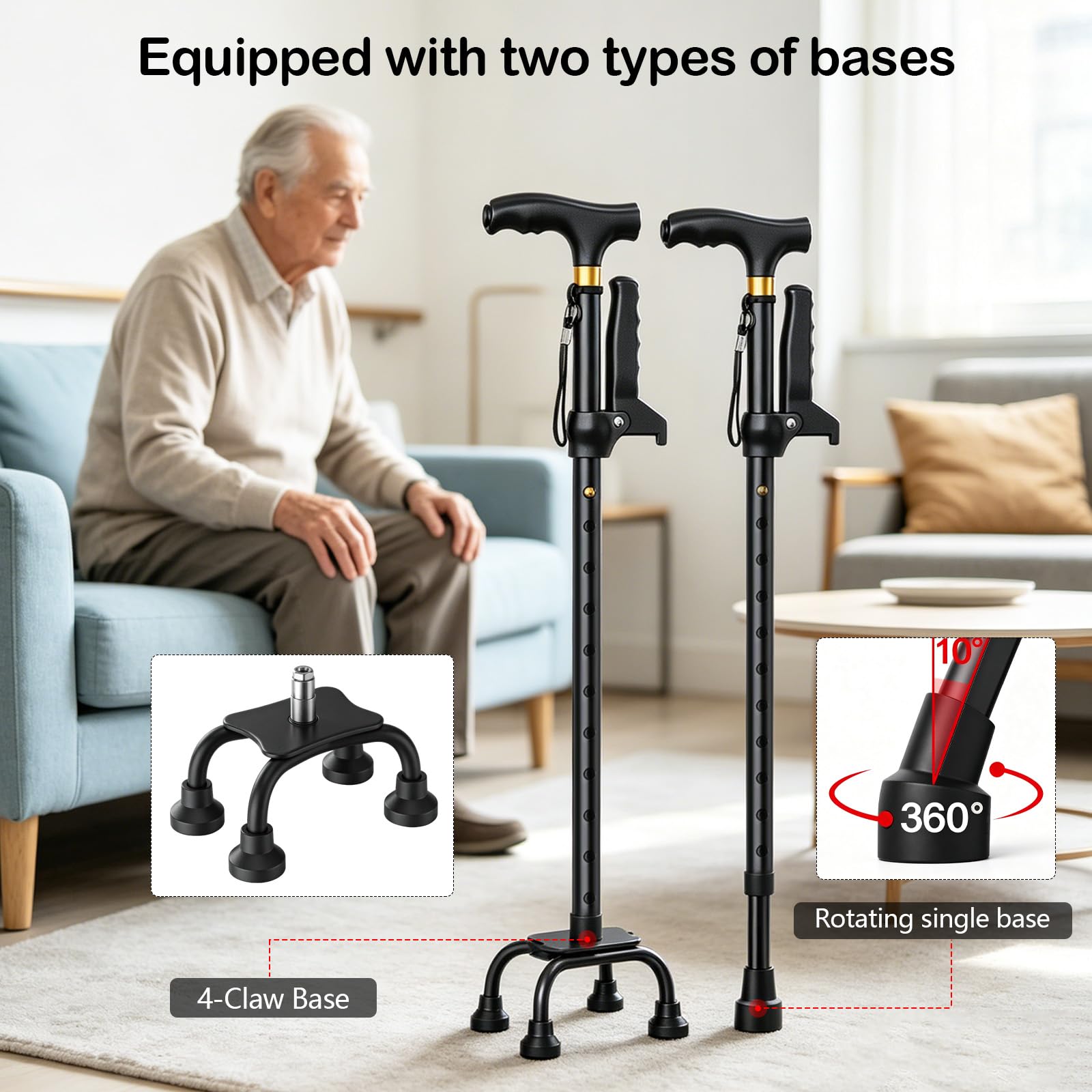 Bastones de Doble Empuñadura para Mayores, Bastón con Altura Ajustable y Luz LED para Hombres y Mujeres Cuenta con Una Base de Cuatro Puntas y una Base Giratoria para Facilitar la Bipedestación
