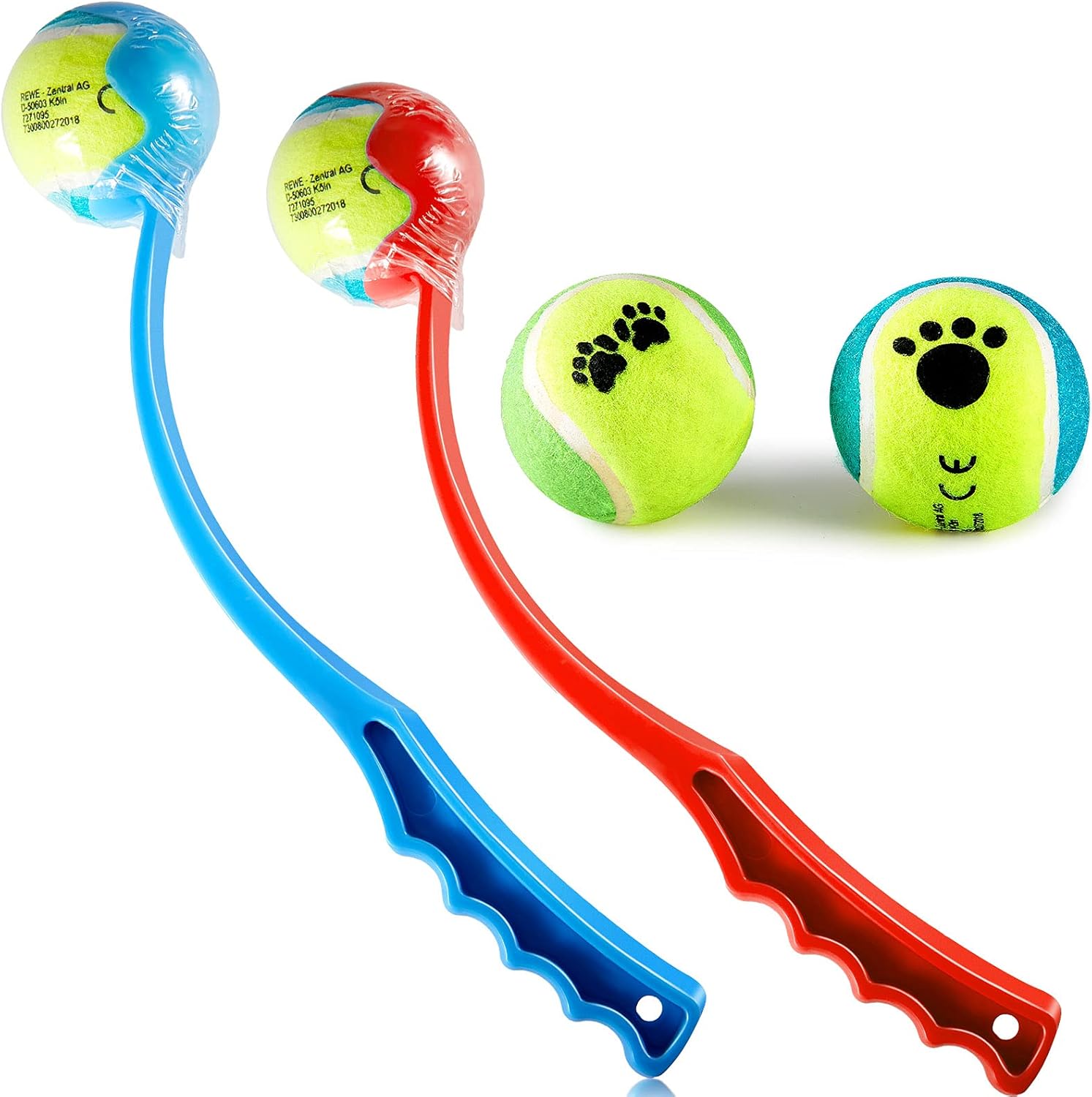 Sumind 2 Pieces Dog Ball Launcher Thrower with Extra 2 Pieces Dog Toys