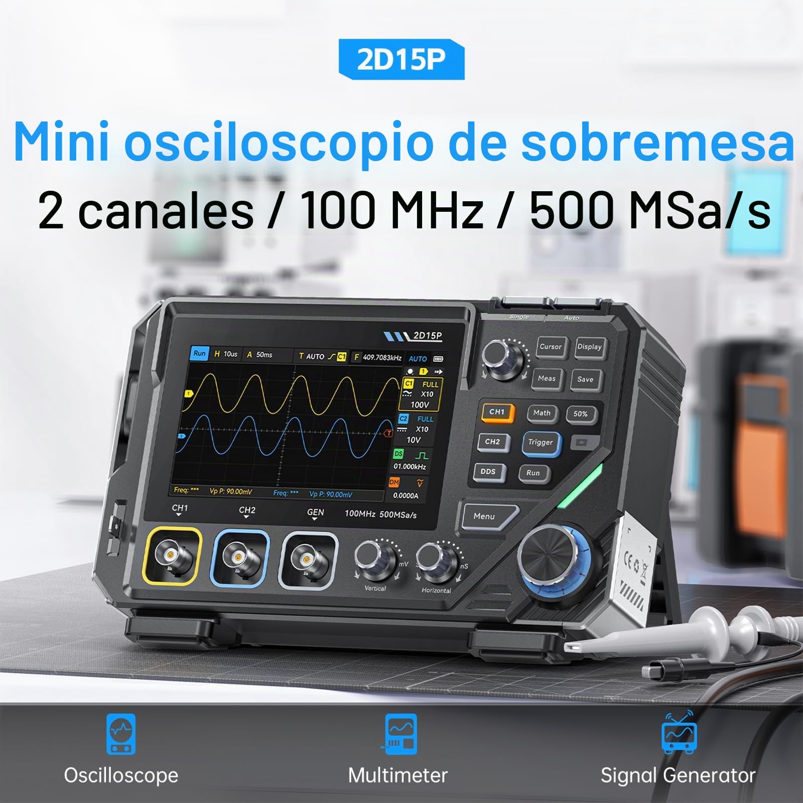 2D15P Osciloscopio, 100MHz Osciloscopio Digital Multímetro 3 en 1 Generador de Señal DDS, Pantalla Táctil de 4,3", 19’999 TRMS, Precisión de 4,5 Dígitos, Multímetro 500MSPS