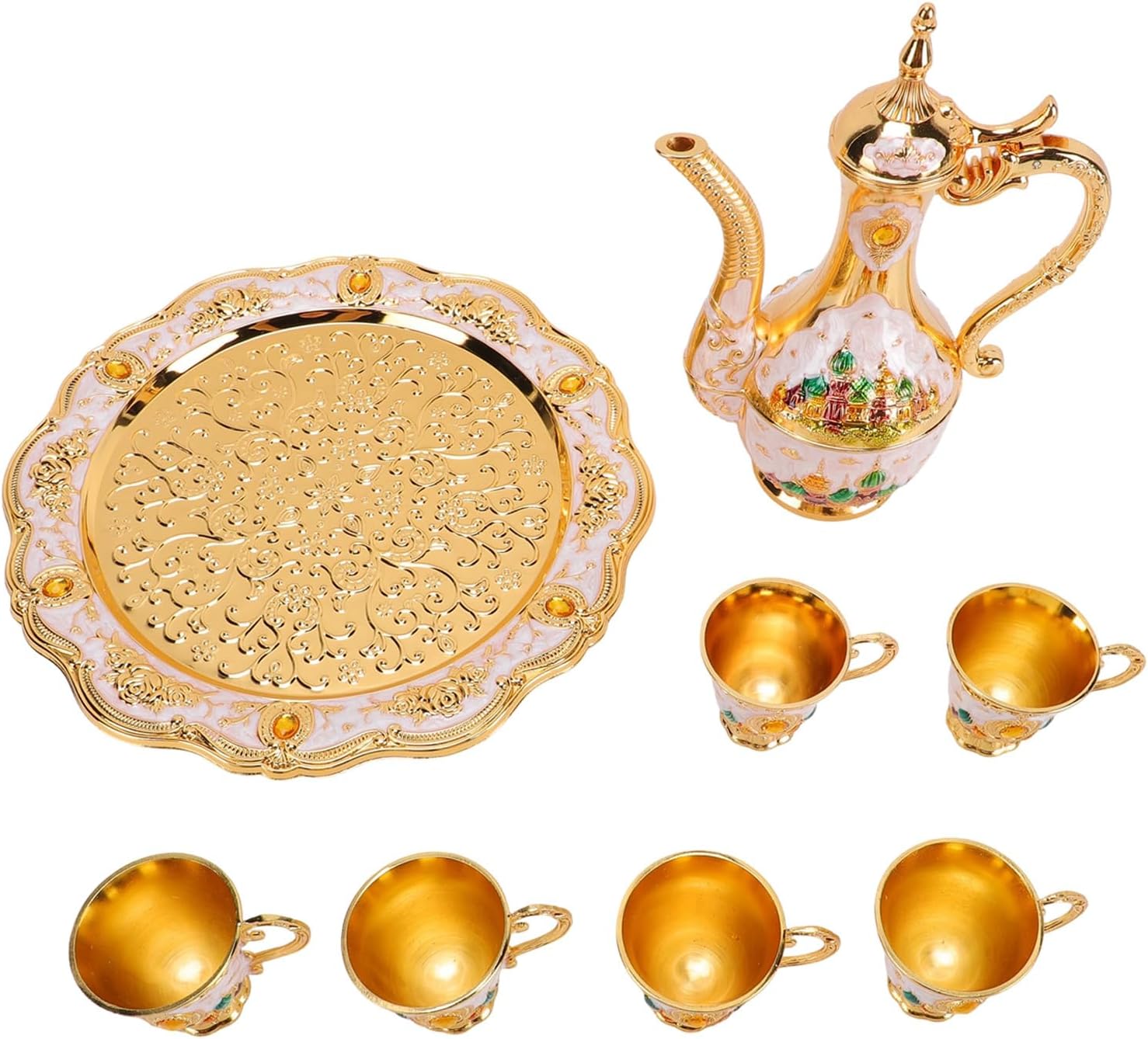 Coffee Pot Set, Luxurious Zinc Alloy Wine Pot and Cups Elegant Home Decor with Tray for Dining Table Hotel (Gold White Set)