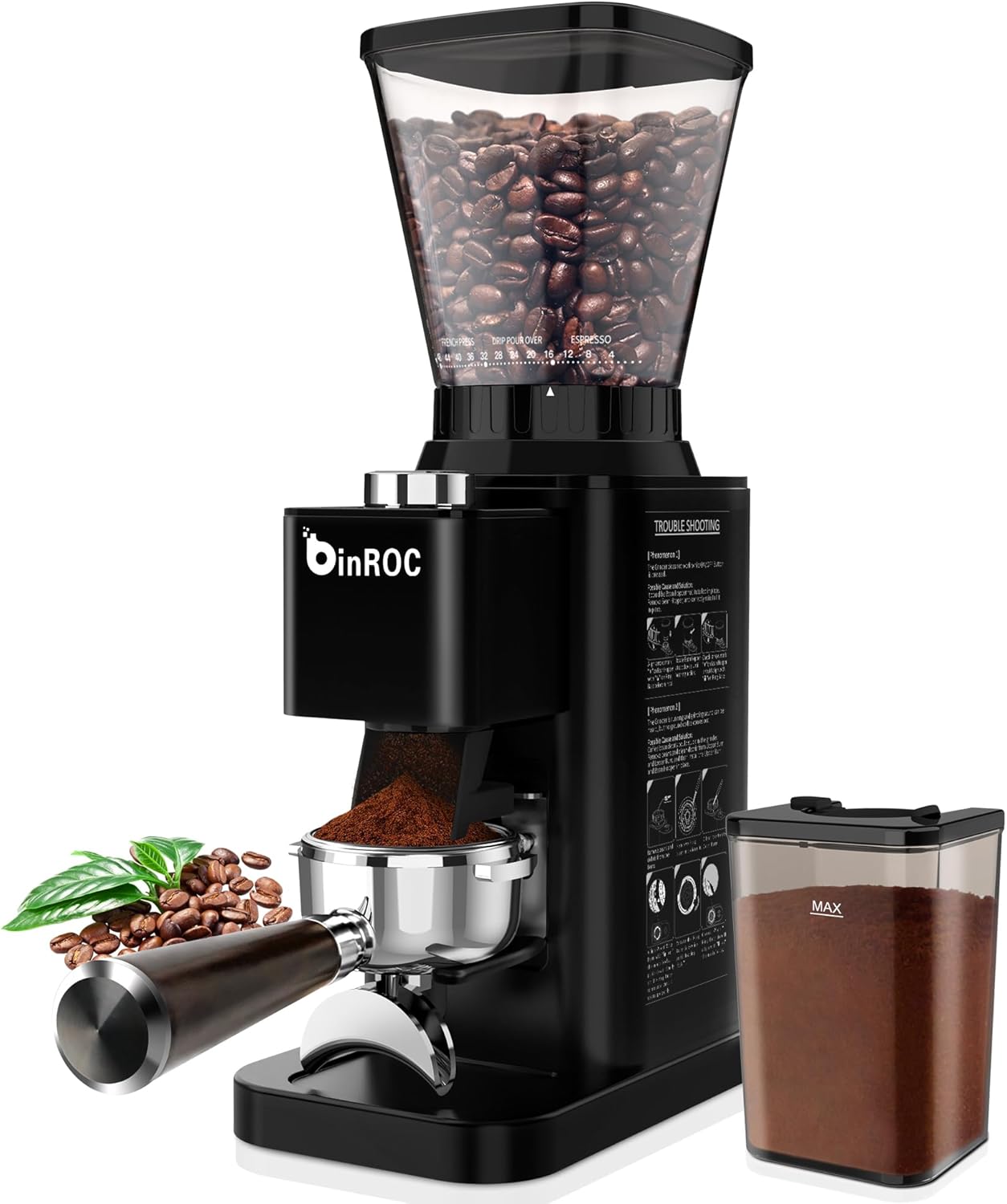 Conical Burr Espresso Coffee Grinder Electric, Coffee Bean Grinder for Home Use Upgraded 48 Grind Settings, 35s Precision Timer, Anti-Static for Pour Over/Drip/French Press, Stainless Steel Black