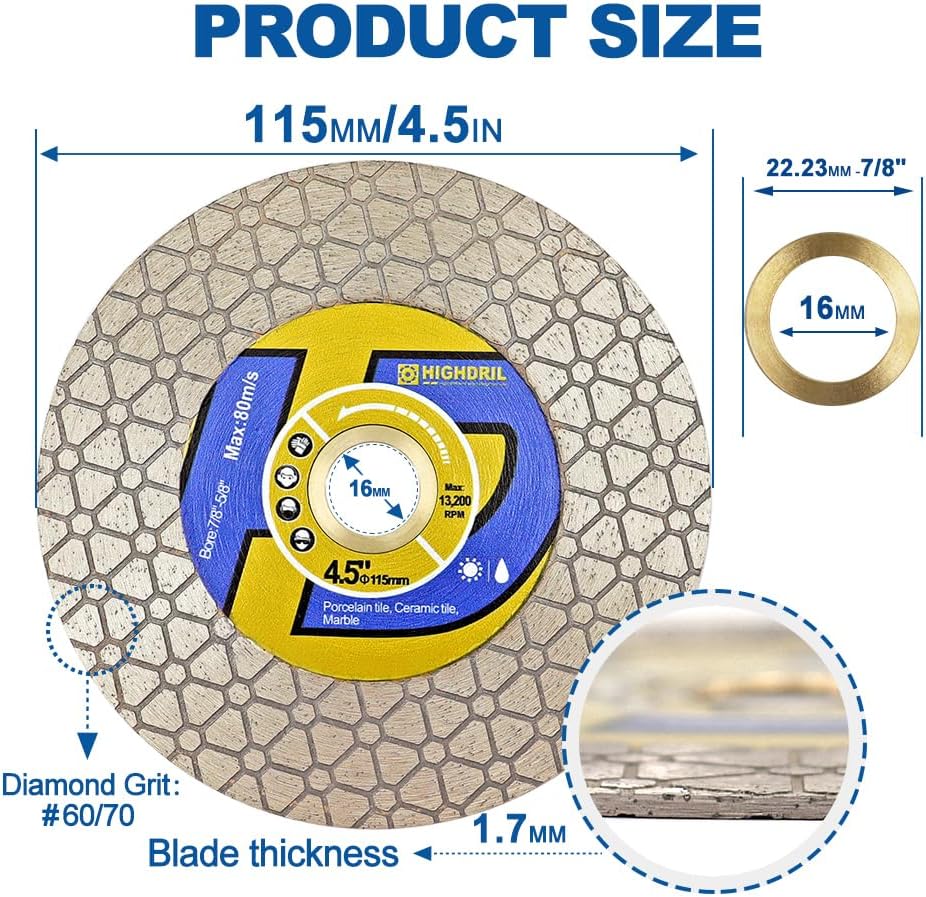 HIGHDRIL Diamond Saw Blade - 5pcs 4-1/2inch (115mm) Diamond Tile Cutting Blade for Ceramic Porcelain Tile Marble Granite Quartz Dekton Artificial Stone