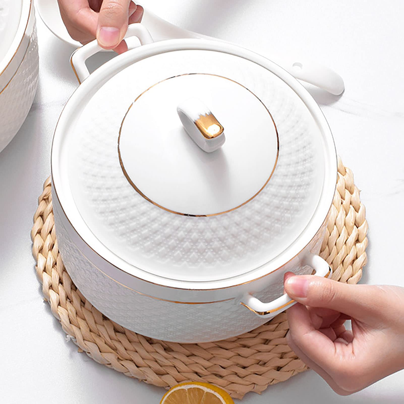 Marmite à Soupe Céramique Blanche 1500ml Avec Couvercle Verre Et Louche - Bol Décoratif