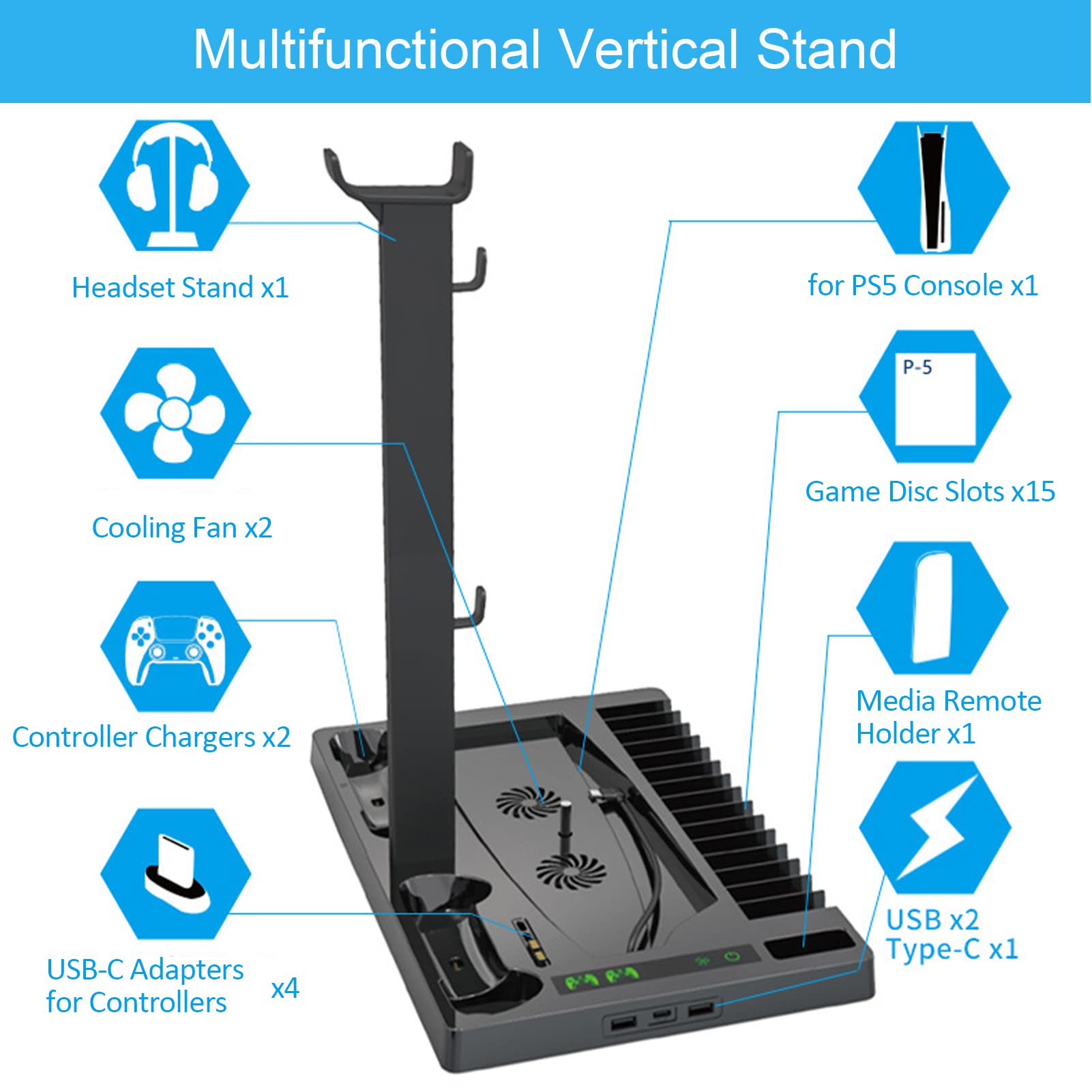 Soporte de Ventilador de Refrigeración Vertical para Consola PS5, Cargador de Controladores Duales de Ediciones Digitales, 2 Ventiladores de Refrigeración Silenciosos, Ranuras de Almacenamiento de Jue