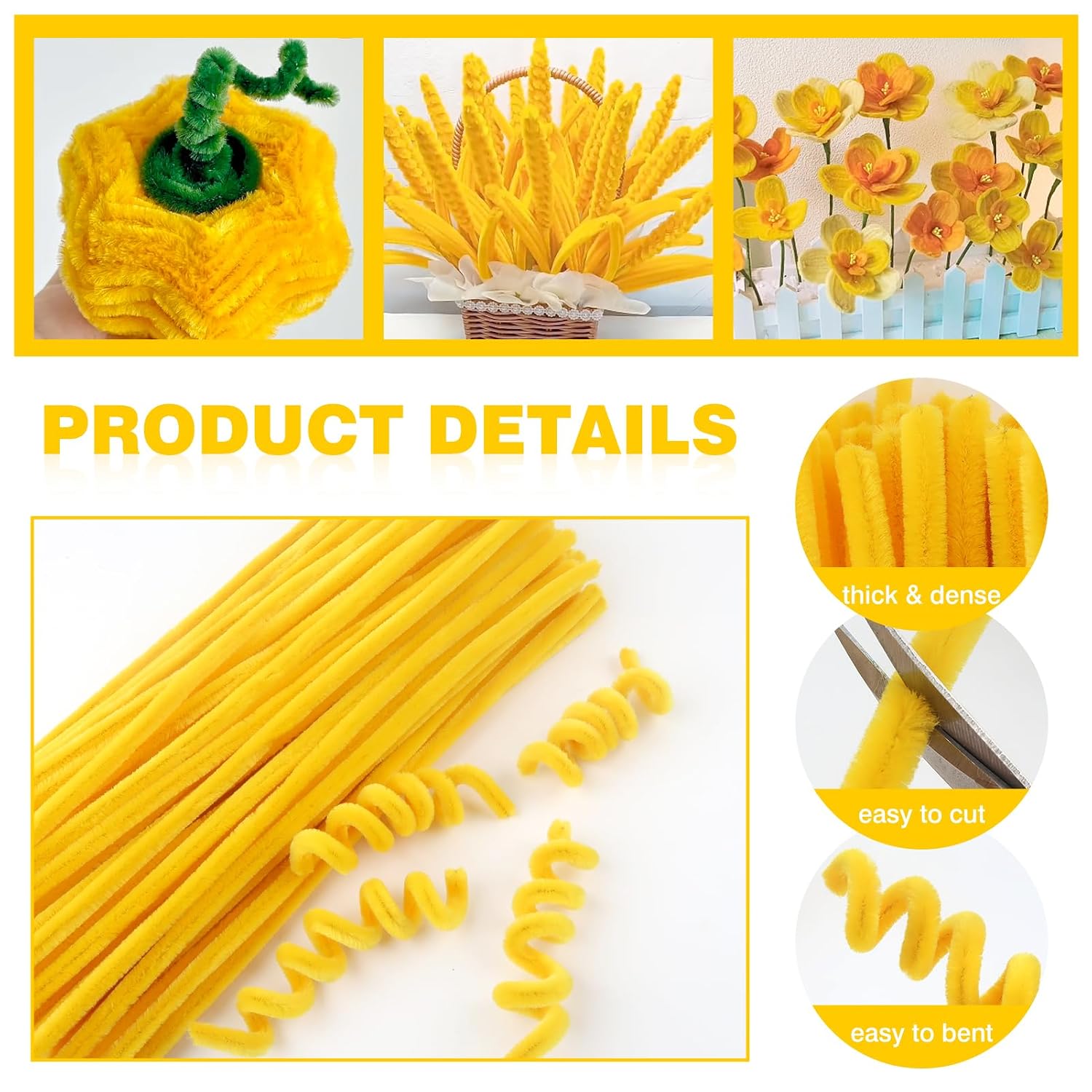 TOAOB 100pcs Yellow Thick Pipe Cleaners 8mm x 12inch Pipe Cleaners