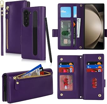 for Samsung Galaxy Z Fold 5 Case with S Pen Holder,Z Fold 5 Wallet Case with Card Holder and Wristlet Strap,PU Leather Shockproof Zipper Pocket Flip Phone Case for Women Men-Dark Purple