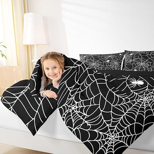 Miniatura 7 de Juego de edredón con estampado de telaraña para niños y niñas, edredón con temática de Halloween, juego de ropa de cama decorativo de araña