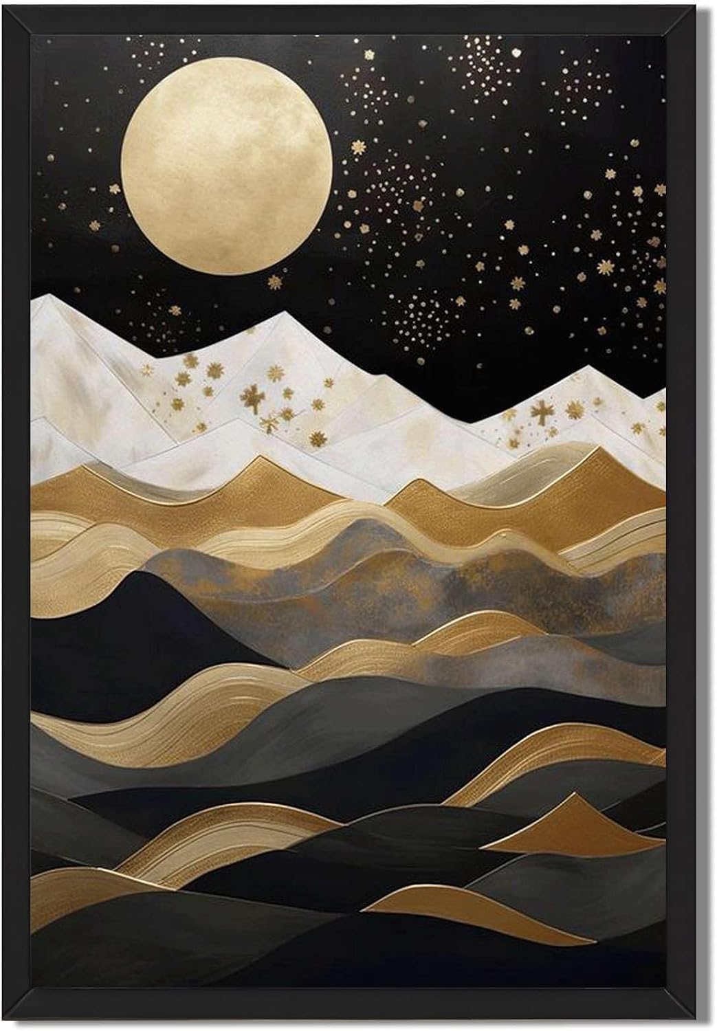 Framed Golden Moon Mountain Poster Canvas Print Art Modern Minimalist Aesthetic Wall Art Painting Pictures Elegant Stunning Art Print Wall Decor for Living Room Bedroom Home Decor Decoration (black frame,8"LX12"W)