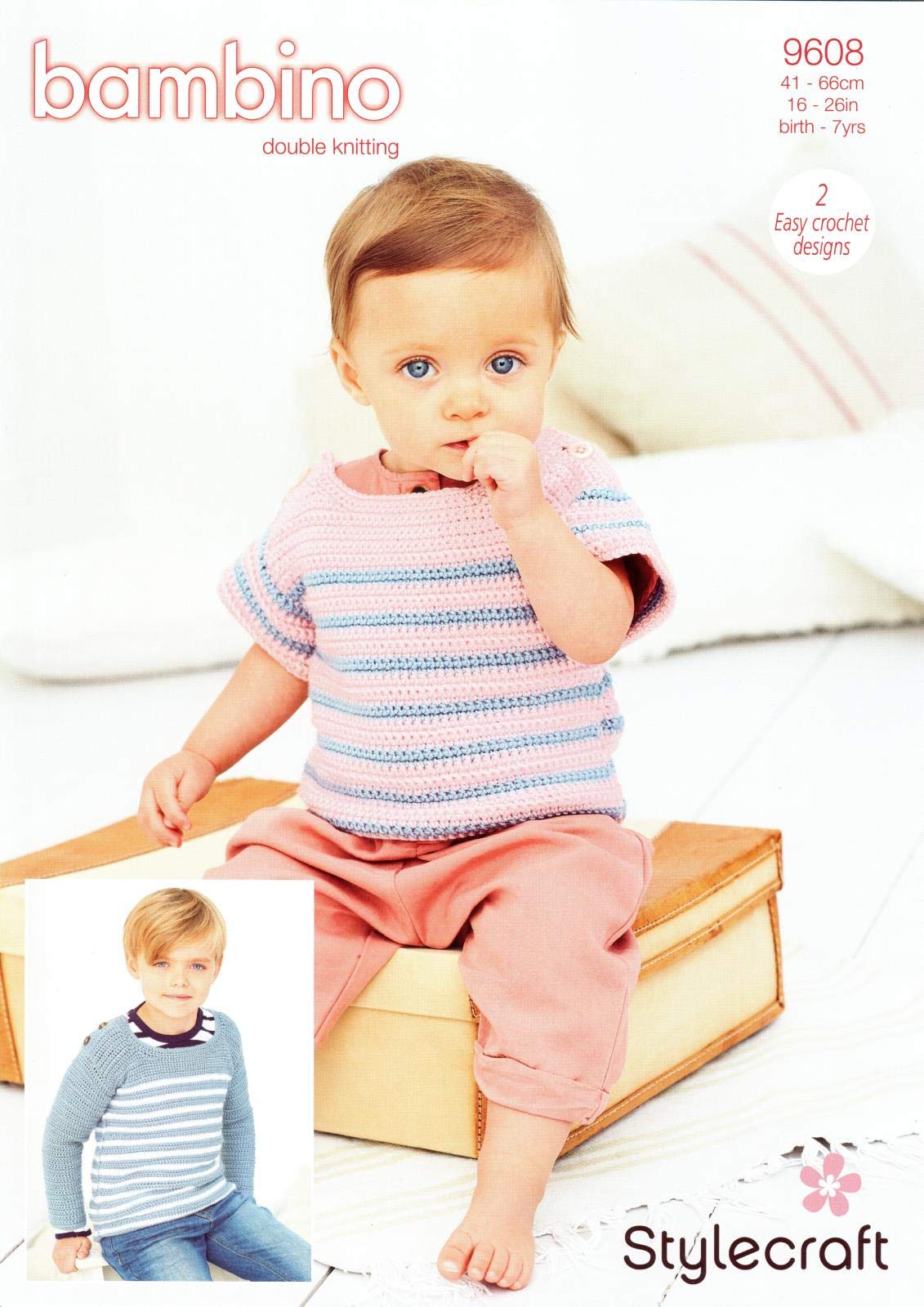 Bambino DK Pattern 9608 Crochet Striped Top and Sweater -41-66cm, 16-26in, Birth to 7 Years - 2 Easy Crochet Designs