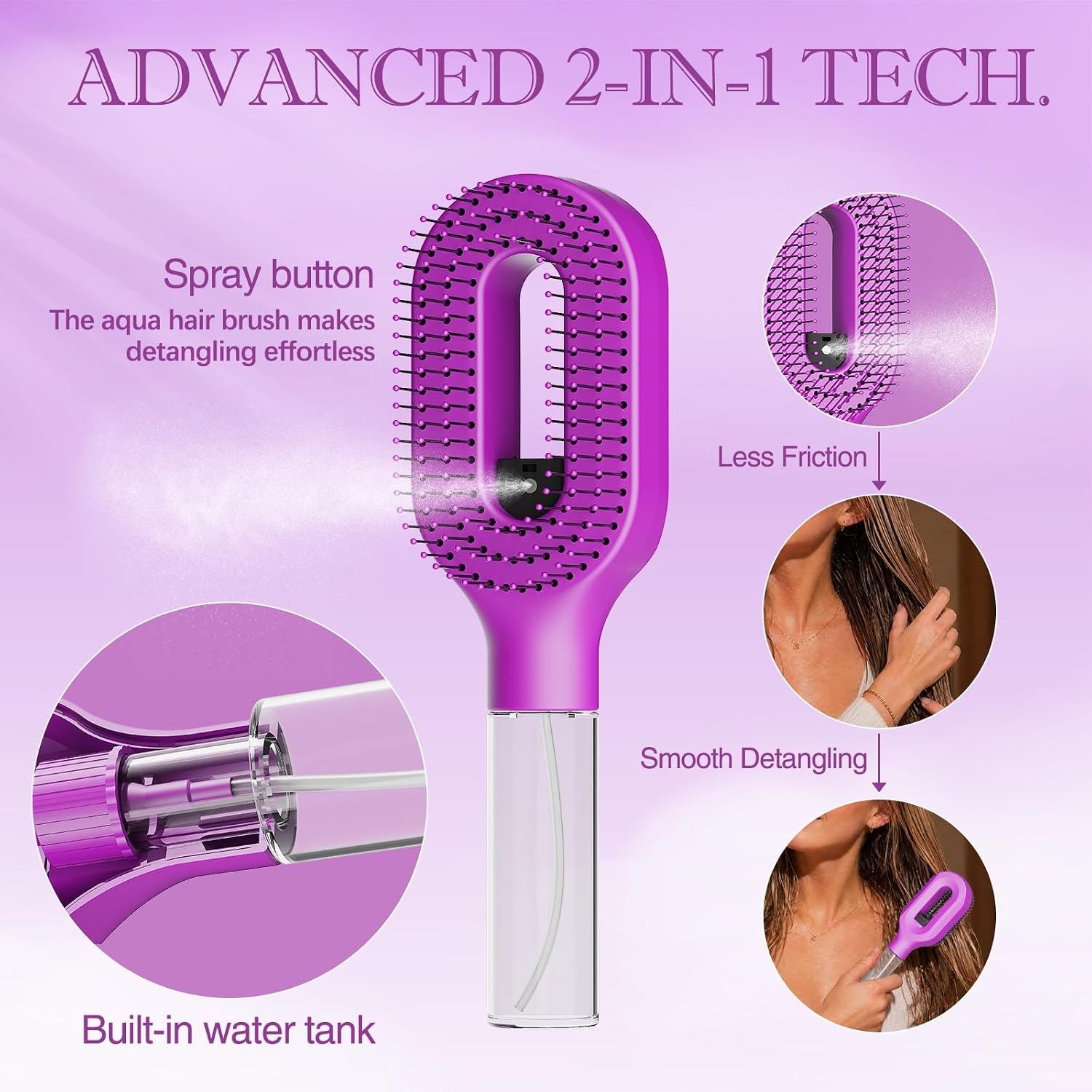 Purple Hair Brush with Water Spray, Fine Mist Detangling Tool for Natural Curly Coily Hair, Anti-Frizz Wet & Dry Styling for Textured Hair Care(1, Purple)