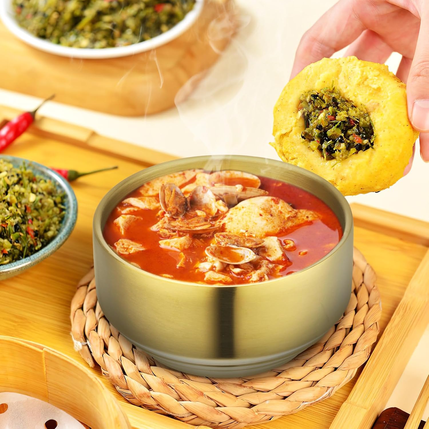 Stainless Steel Rice Bowls for Daily Meals and Special Gatherings 2 Pcs with Double Wall Insulation, Heat Resistant and Deformation Resistant Metal Bowls Elegant Golden Design