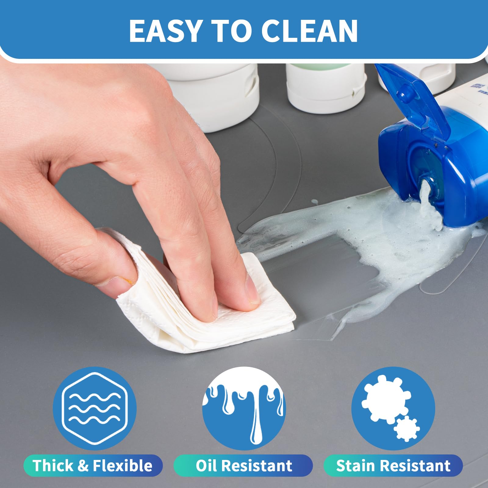 Miokok Under Sink Mat, 34" x 22" Waterproof Kitchen Mat, Flexible Silicone Cabinet Protector Tray for Bottom of Kitchen & Bathroom, Grey, Solid 3