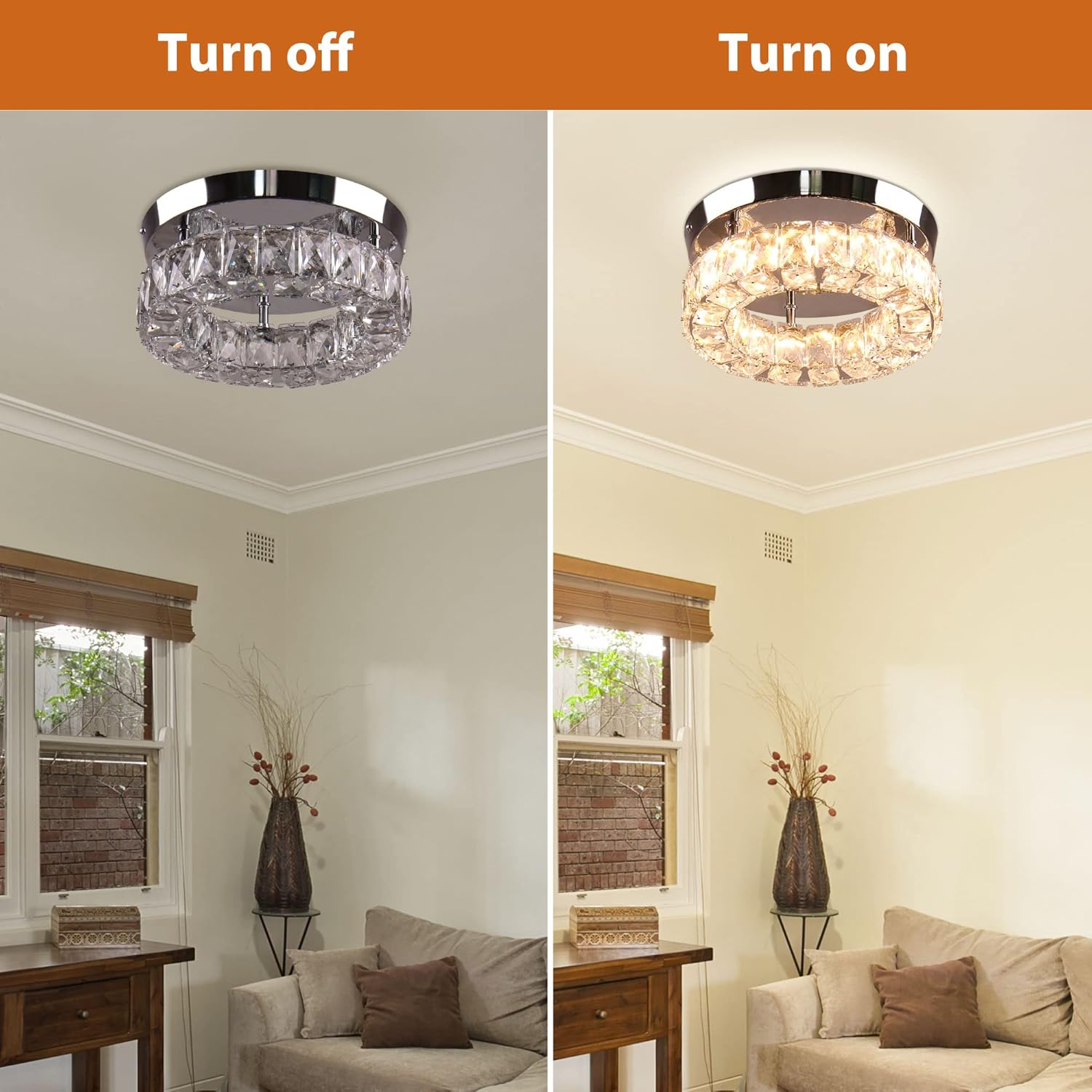 9.8" Modern Mini LED Crystal Chandelier Round Crystal Ceiling Light Flush Mount Light Fixture Small Ceiling Light for Hallway Foyer Kitchen Closet Warm White